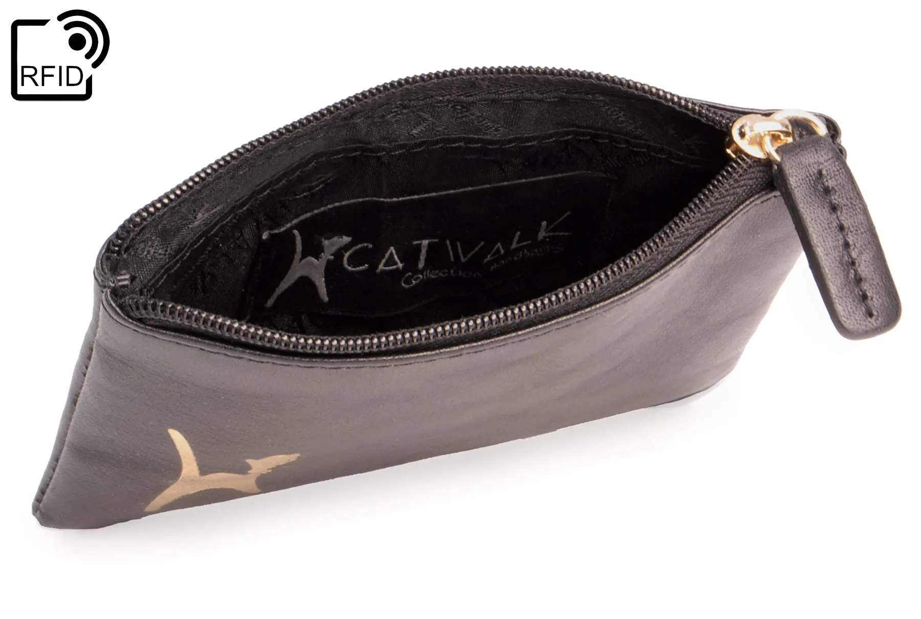 Catwalk Collection Handbags - Portamonete Piccolo in Pelle - Borsellino Donna - Mini Portafoglio - Protezione RFID - Scatola Regalo - Mimi - Nero Oro - immagine 5