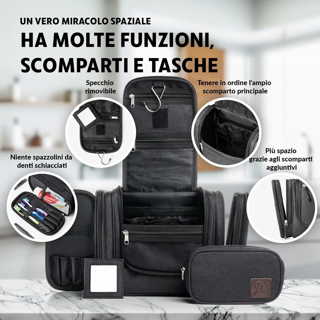 Obics® Beauty case da viaggio per uomo e donna 8L (grande) nero XXL - Borsa da toilette e trousse da appendere con specchio - Sacchetto per cosmetici e toiletry per viaggi e campeggio (10 scomparti) - immagine 2