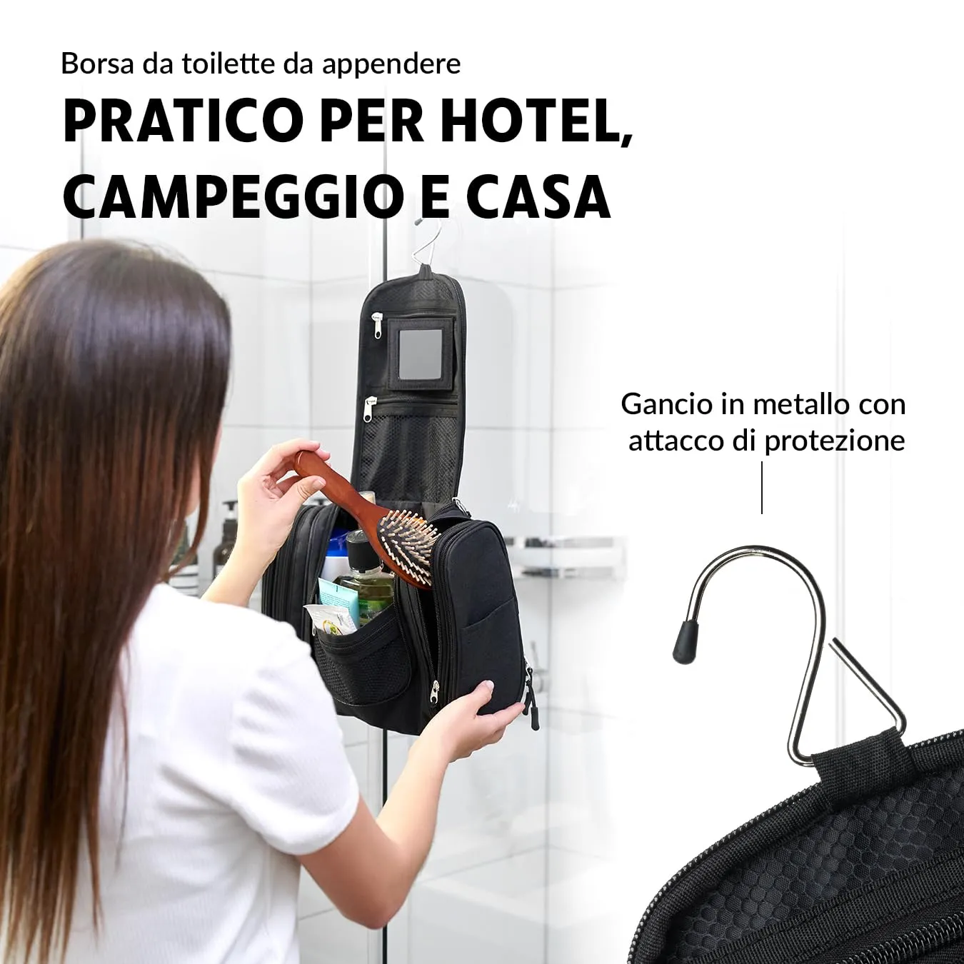 Obics® Beauty case da viaggio per uomo e donna 8L (grande) nero XXL - Borsa da toilette e trousse da appendere con specchio - Sacchetto per cosmetici e toiletry per viaggi e campeggio (10 scomparti) - immagine 3
