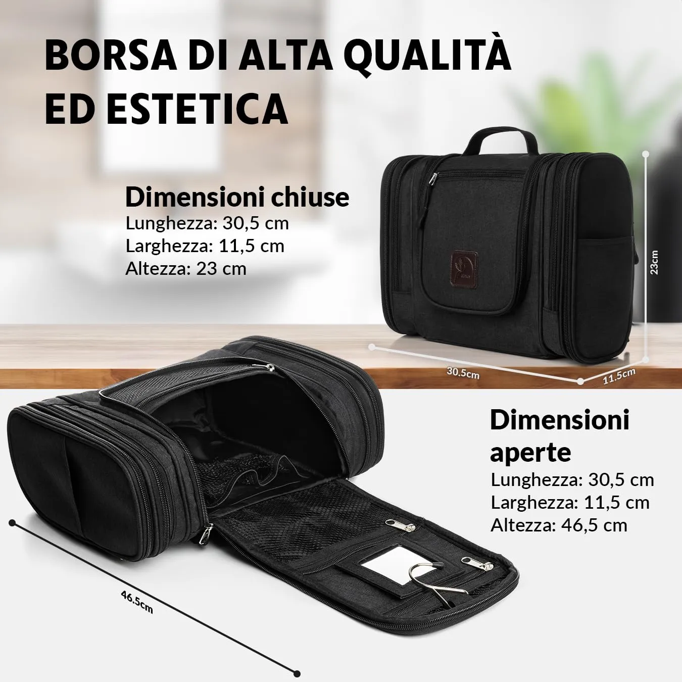 Obics® Beauty case da viaggio per uomo e donna 8L (grande) nero XXL - Borsa da toilette e trousse da appendere con specchio - Sacchetto per cosmetici e toiletry per viaggi e campeggio (10 scomparti) - immagine 4