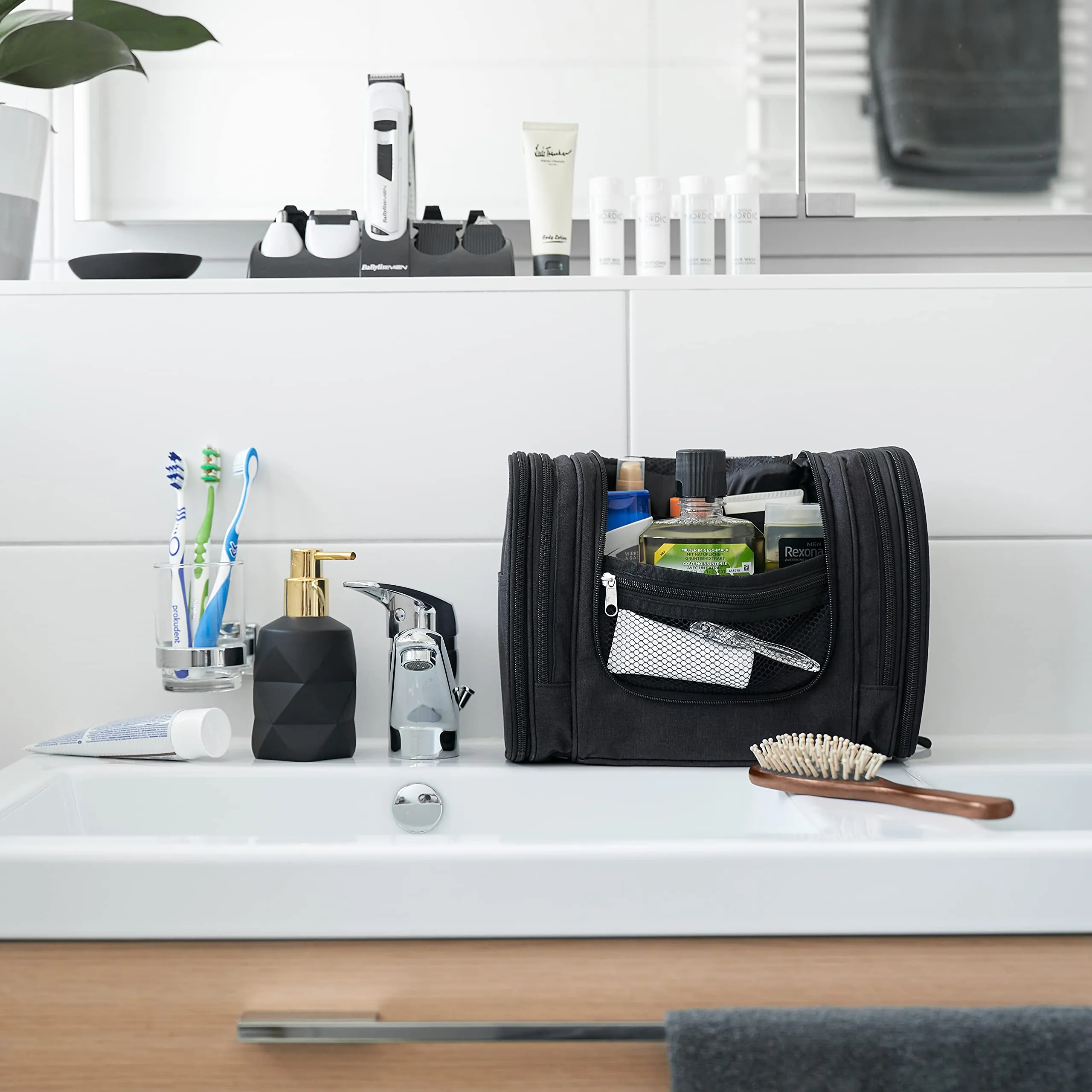 Obics® Beauty case da viaggio per uomo e donna 8L (grande) nero XXL - Borsa da toilette e trousse da appendere con specchio - Sacchetto per cosmetici e toiletry per viaggi e campeggio (10 scomparti) - immagine 6