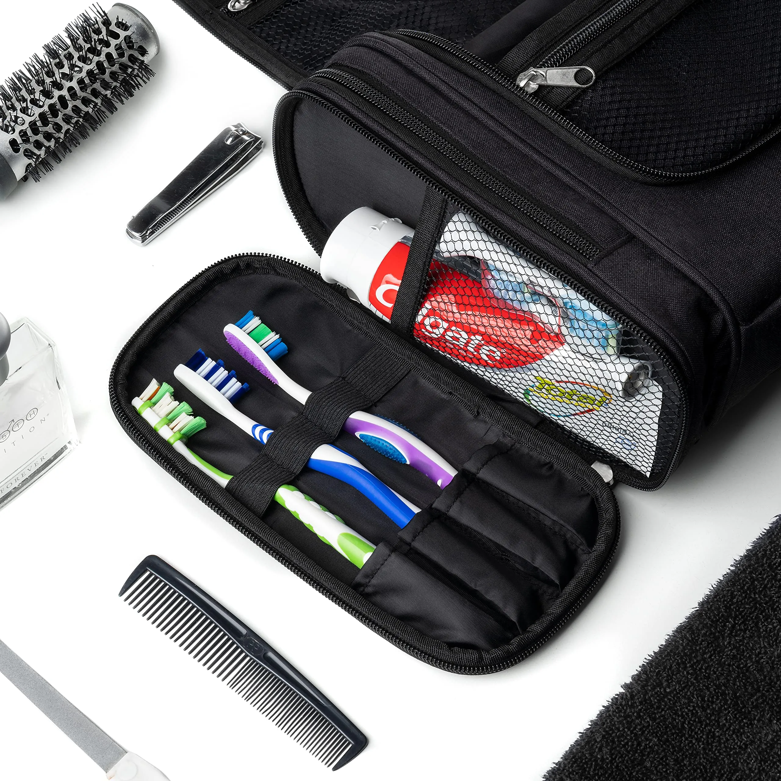 Obics® Beauty case da viaggio per uomo e donna 8L (grande) nero XXL - Borsa da toilette e trousse da appendere con specchio - Sacchetto per cosmetici e toiletry per viaggi e campeggio (10 scomparti) - immagine 7