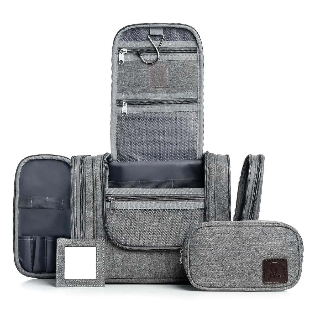 Obics® Beauty case da viaggio per uomo e donna 8L (grande) grigio XXL - Borsa da toilette e trousse da appendere con specchio - Sacchetto per cosmetici e toiletry per viaggi, campeggio (10 scomparti) - immagine 1