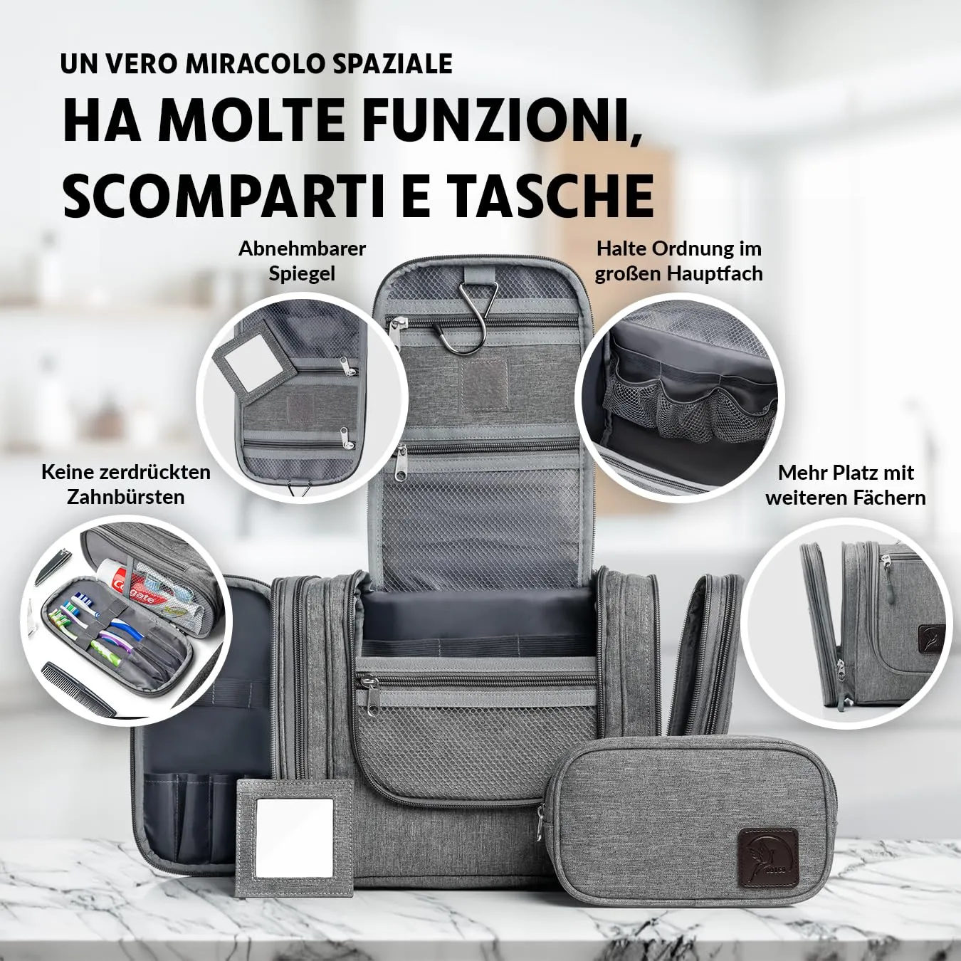 Obics® Beauty case da viaggio per uomo e donna 8L (grande) grigio XXL - Borsa da toilette e trousse da appendere con specchio - Sacchetto per cosmetici e toiletry per viaggi, campeggio (10 scomparti) - immagine 2