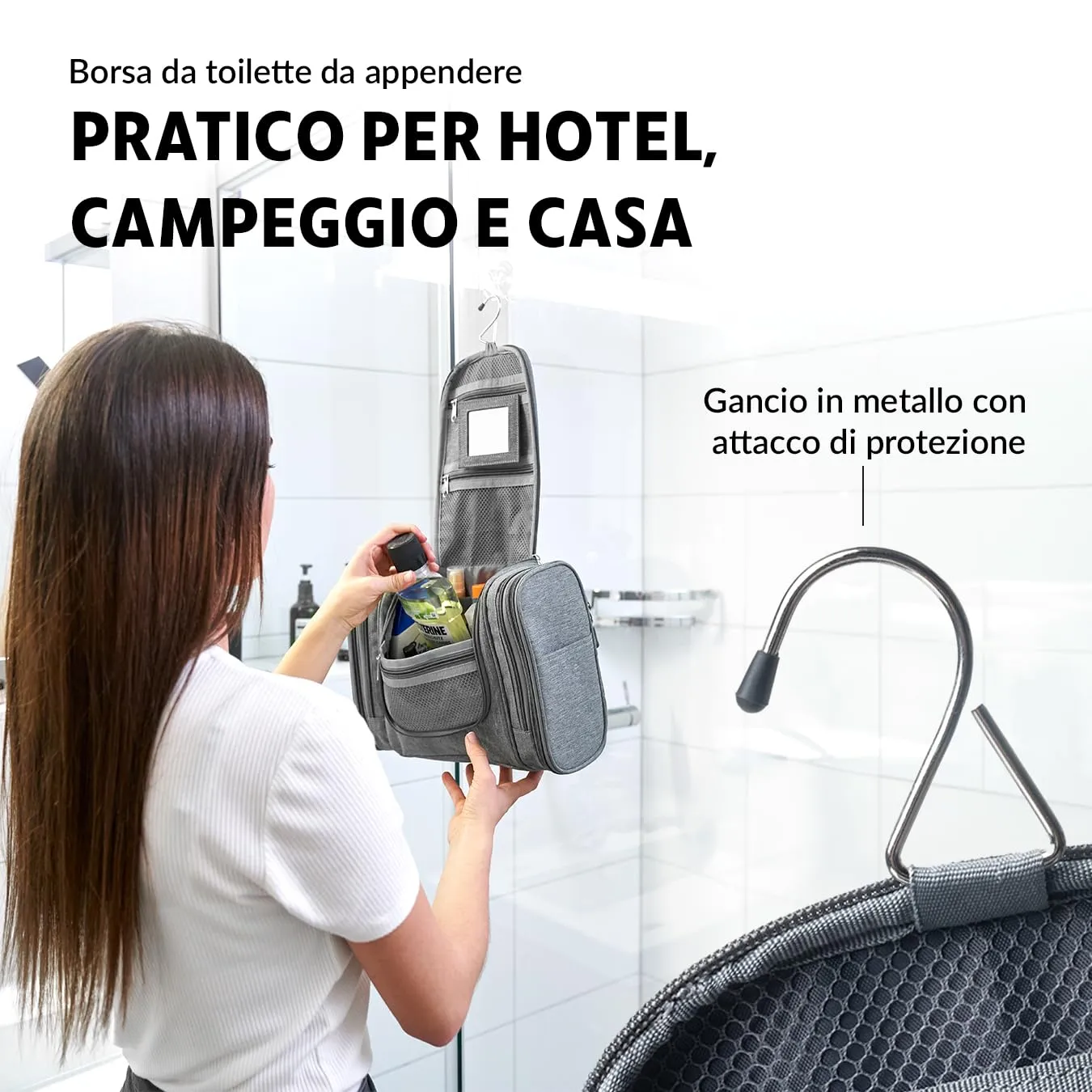 Obics® Beauty case da viaggio per uomo e donna 8L (grande) grigio XXL - Borsa da toilette e trousse da appendere con specchio - Sacchetto per cosmetici e toiletry per viaggi, campeggio (10 scomparti) - immagine 3