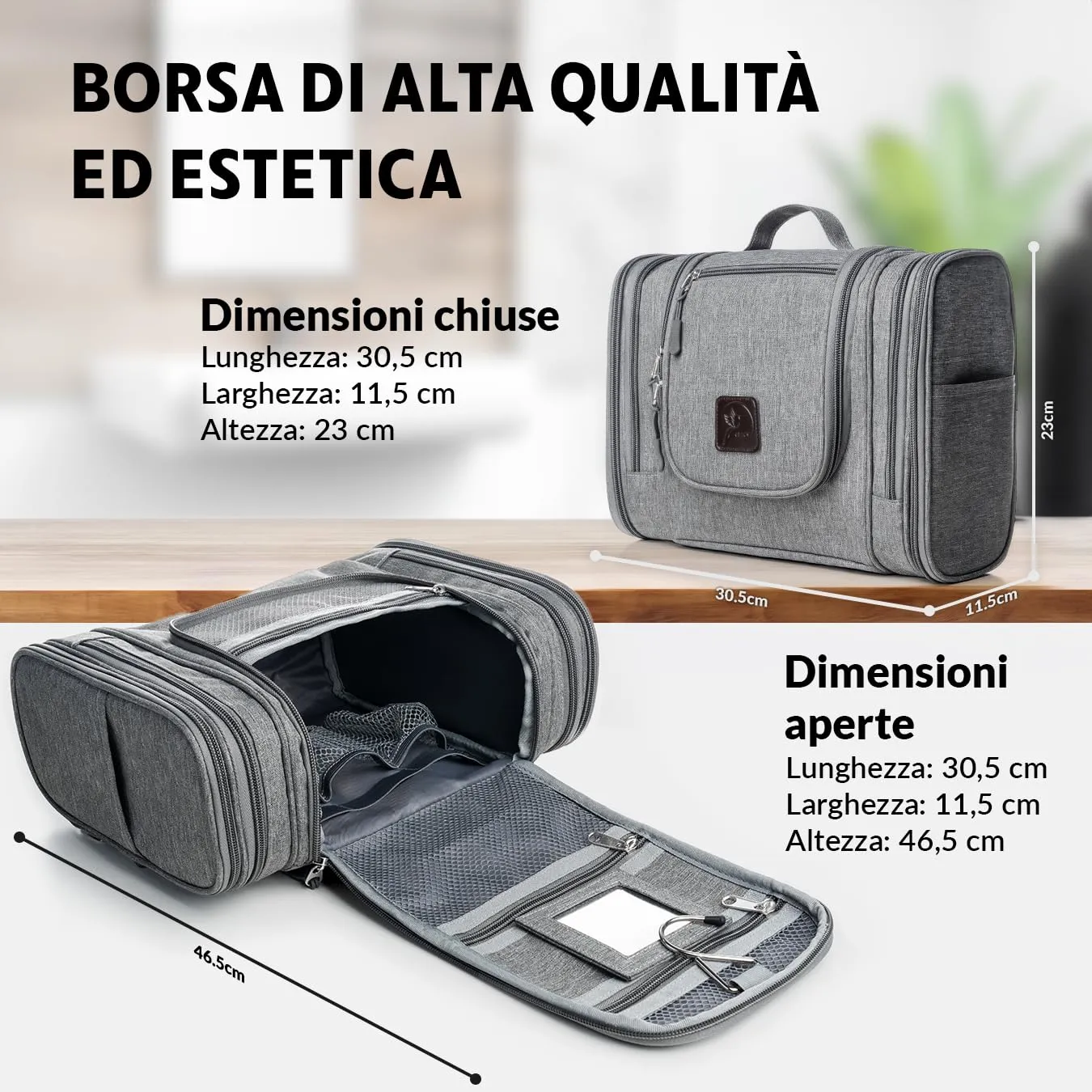 Obics® Beauty case da viaggio per uomo e donna 8L (grande) grigio XXL - Borsa da toilette e trousse da appendere con specchio - Sacchetto per cosmetici e toiletry per viaggi, campeggio (10 scomparti) - immagine 4