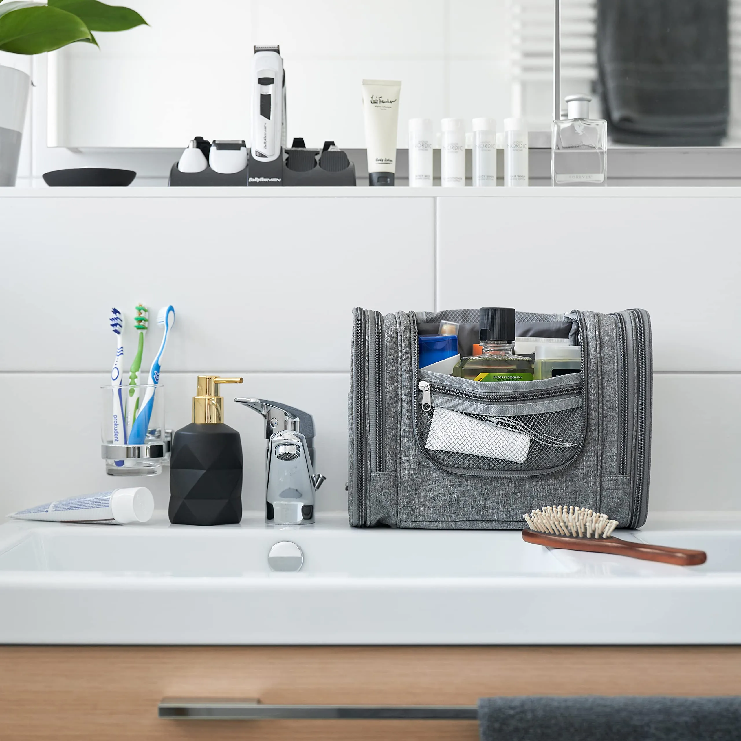Obics® Beauty case da viaggio per uomo e donna 8L (grande) grigio XXL - Borsa da toilette e trousse da appendere con specchio - Sacchetto per cosmetici e toiletry per viaggi, campeggio (10 scomparti) - immagine 6