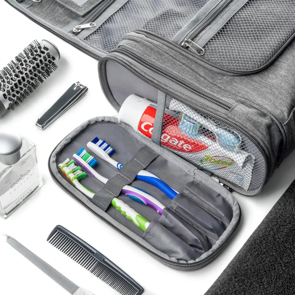 Obics® Beauty case da viaggio per uomo e donna 8L (grande) grigio XXL - Borsa da toilette e trousse da appendere con specchio - Sacchetto per cosmetici e toiletry per viaggi, campeggio (10 scomparti) - immagine 7