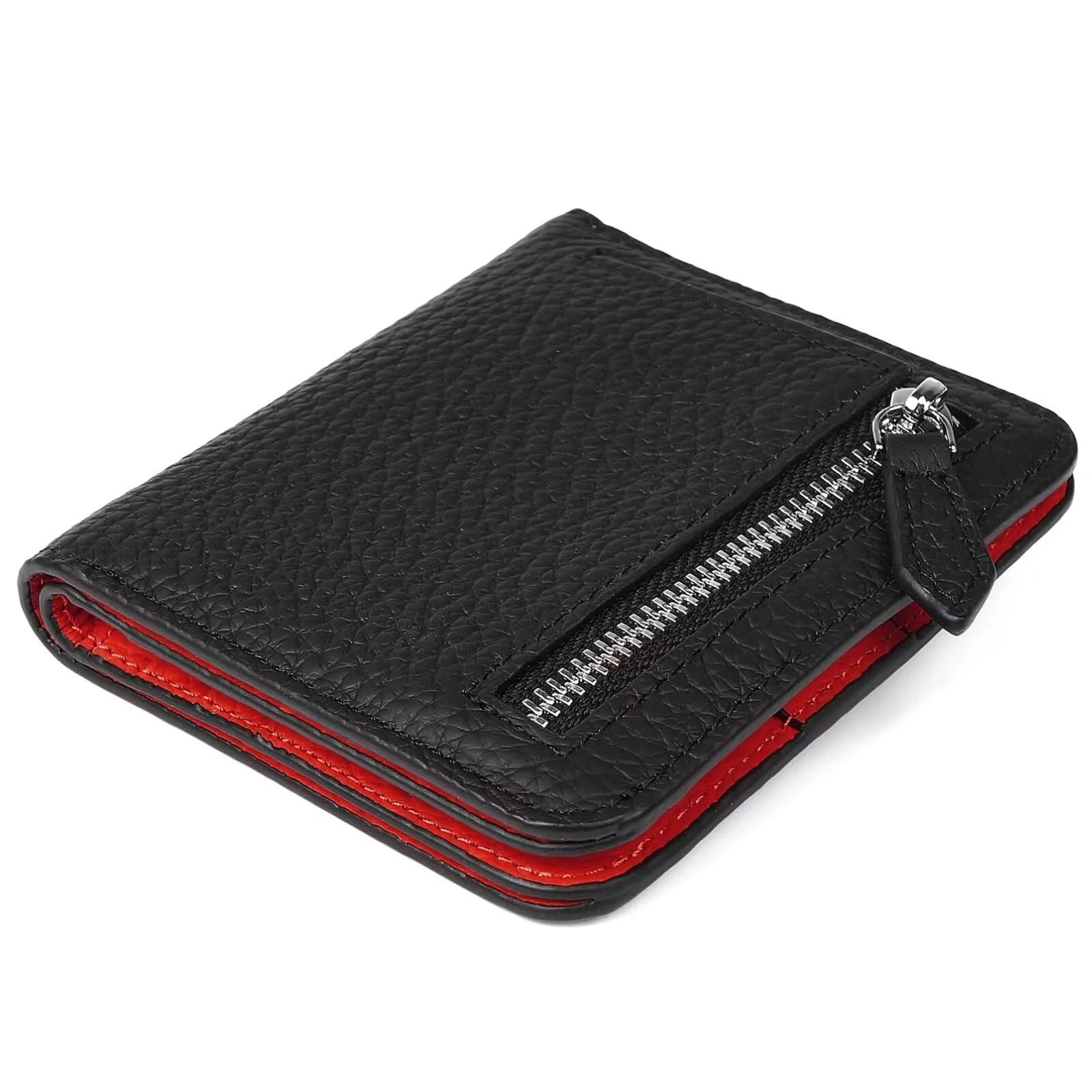 GADIEMKENSD Small Wallet Bifold Credit Card Holder Genuine Leather Coin Purse RFID Blocking Mini Compact Pocket Wallet with Zipper Ultra Slim Minimalist Black/Red - immagine 1