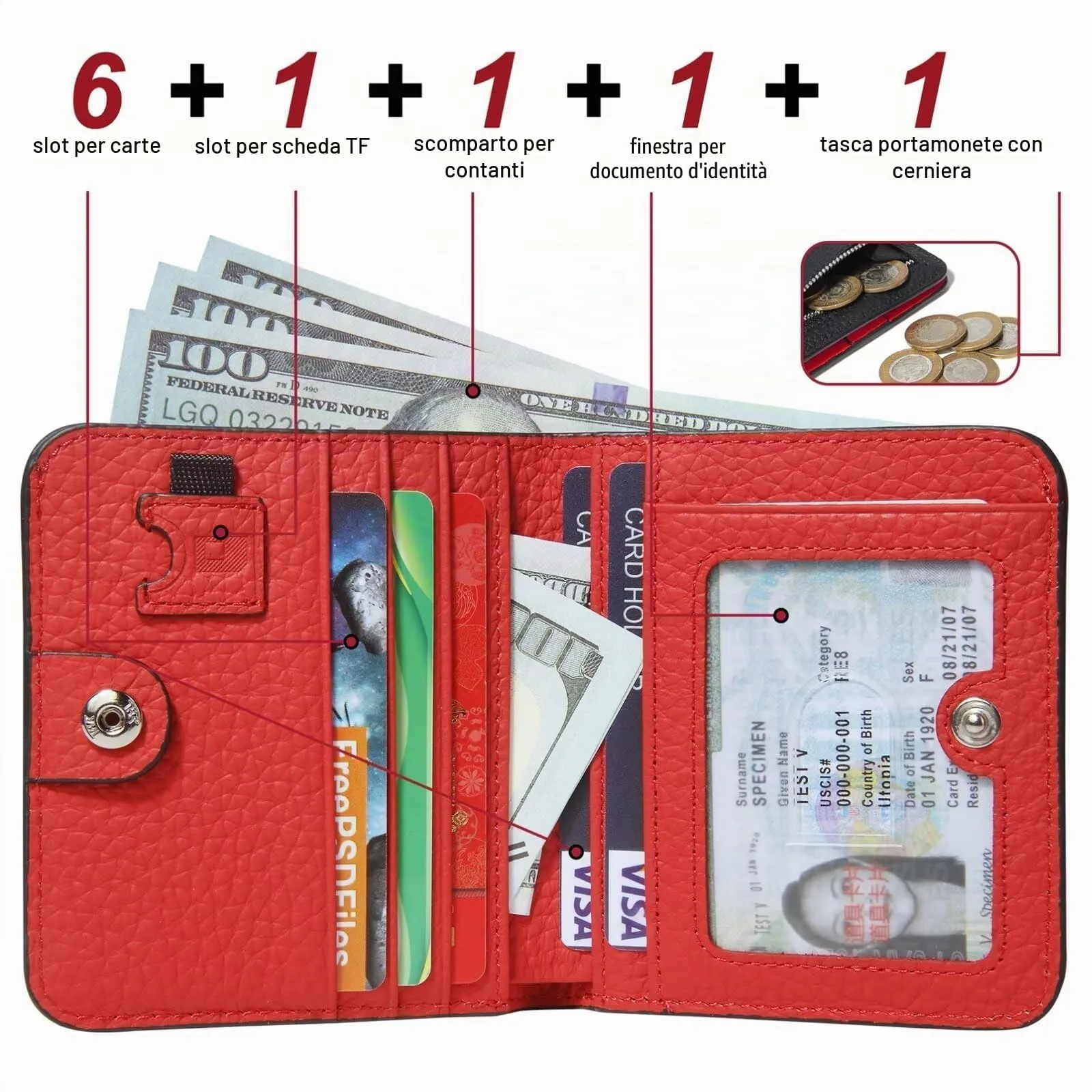 GADIEMKENSD Small Wallet Bifold Credit Card Holder Genuine Leather Coin Purse RFID Blocking Mini Compact Pocket Wallet with Zipper Ultra Slim Minimalist Black/Red - immagine 2