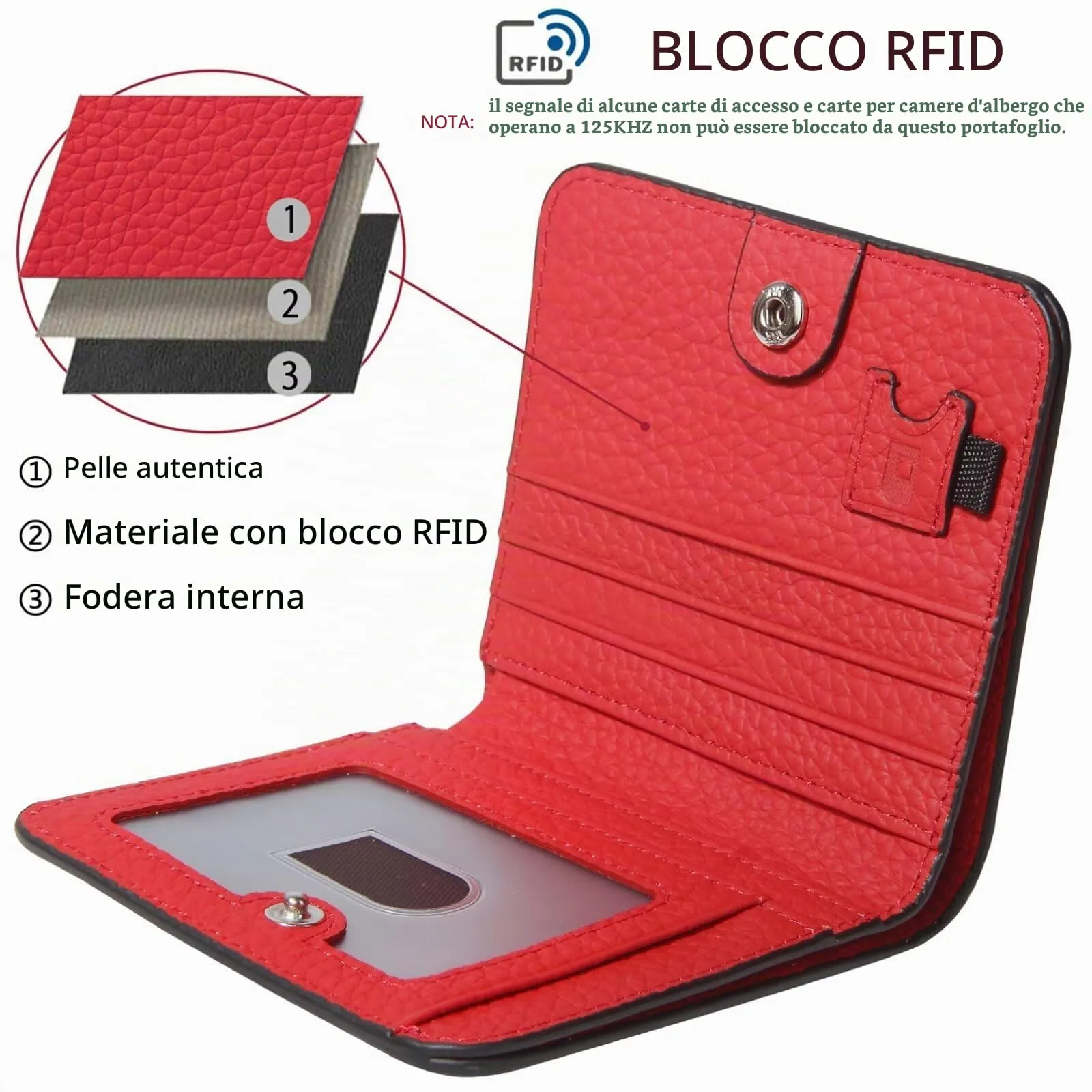 GADIEMKENSD Small Wallet Bifold Credit Card Holder Genuine Leather Coin Purse RFID Blocking Mini Compact Pocket Wallet with Zipper Ultra Slim Minimalist Black/Red - immagine 4