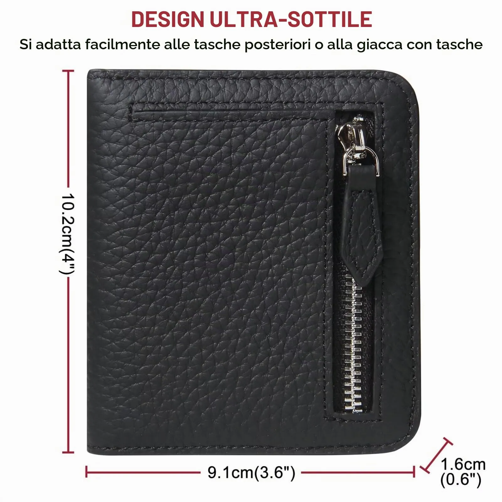 GADIEMKENSD Small Wallet Bifold Credit Card Holder Genuine Leather Coin Purse RFID Blocking Mini Compact Pocket Wallet with Zipper Ultra Slim Minimalist Black/Red - immagine 5