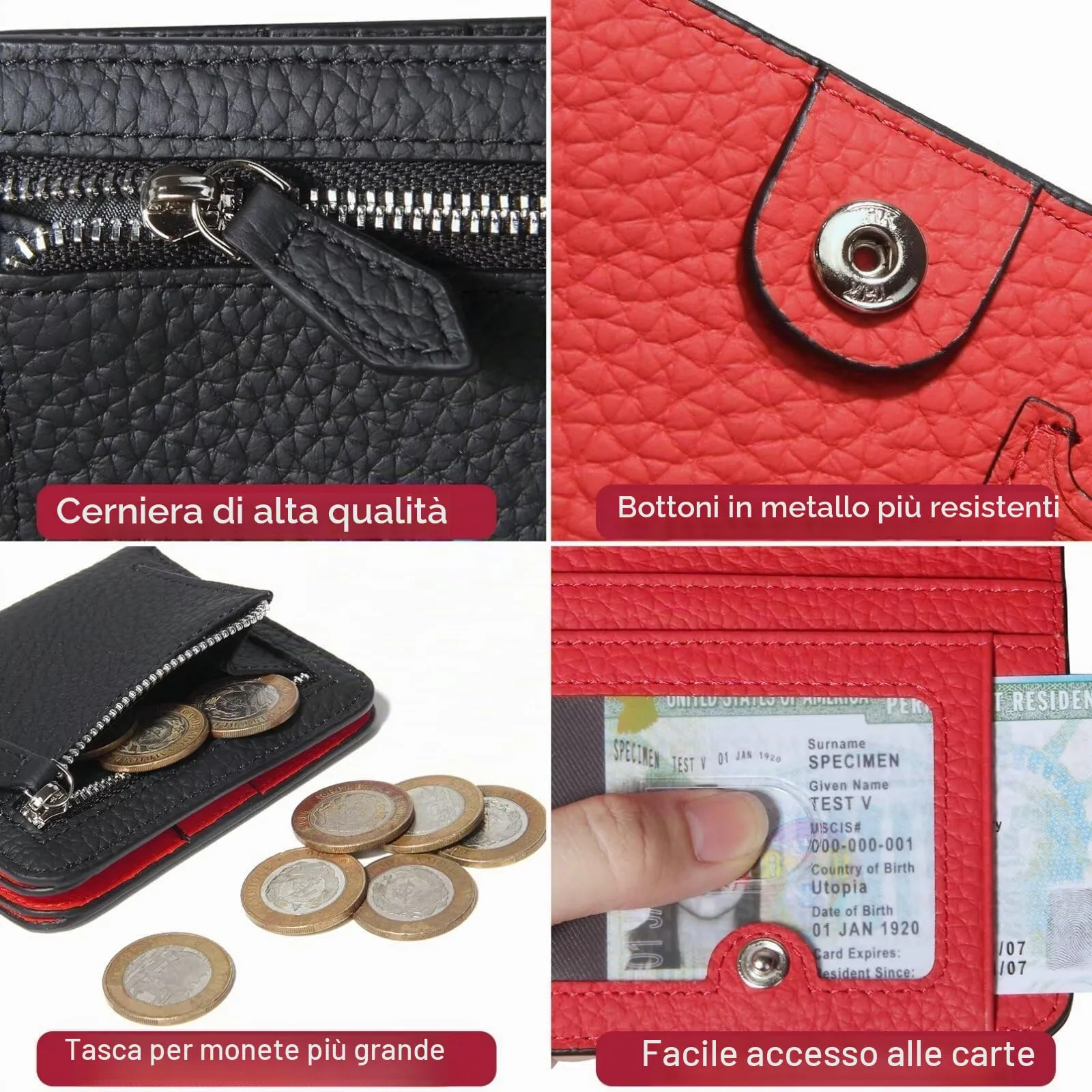 GADIEMKENSD Small Wallet Bifold Credit Card Holder Genuine Leather Coin Purse RFID Blocking Mini Compact Pocket Wallet with Zipper Ultra Slim Minimalist Black/Red - immagine 6