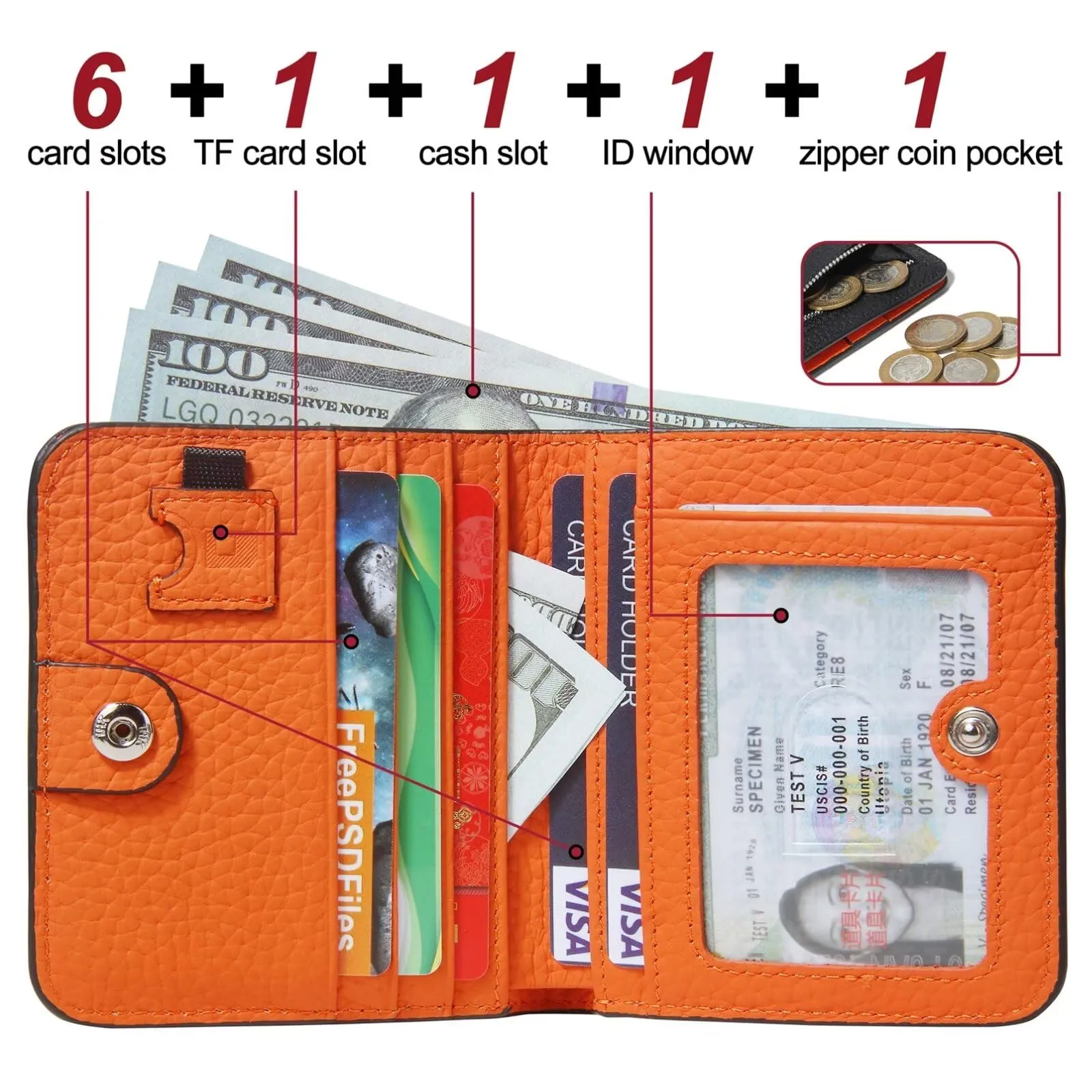 GADIEMKENSD Small Wallet Bifold Credit Card Holder Genuine Leather Coin Purse RFID Blocking Mini Compact Pocket Wallet with Zipper Ultra Slim Minimalist Black/Orange - immagine 2