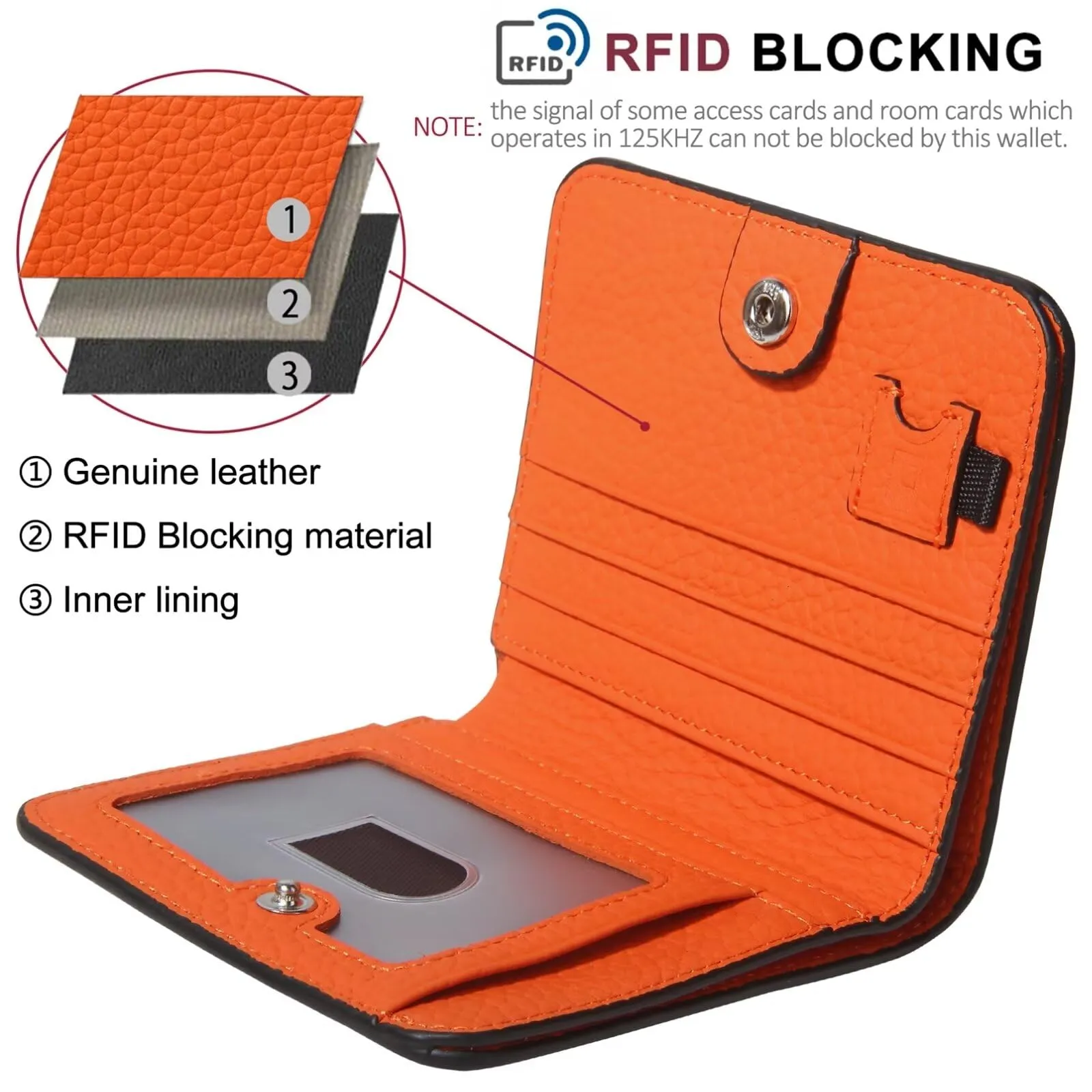 GADIEMKENSD Small Wallet Bifold Credit Card Holder Genuine Leather Coin Purse RFID Blocking Mini Compact Pocket Wallet with Zipper Ultra Slim Minimalist Black/Orange - immagine 5
