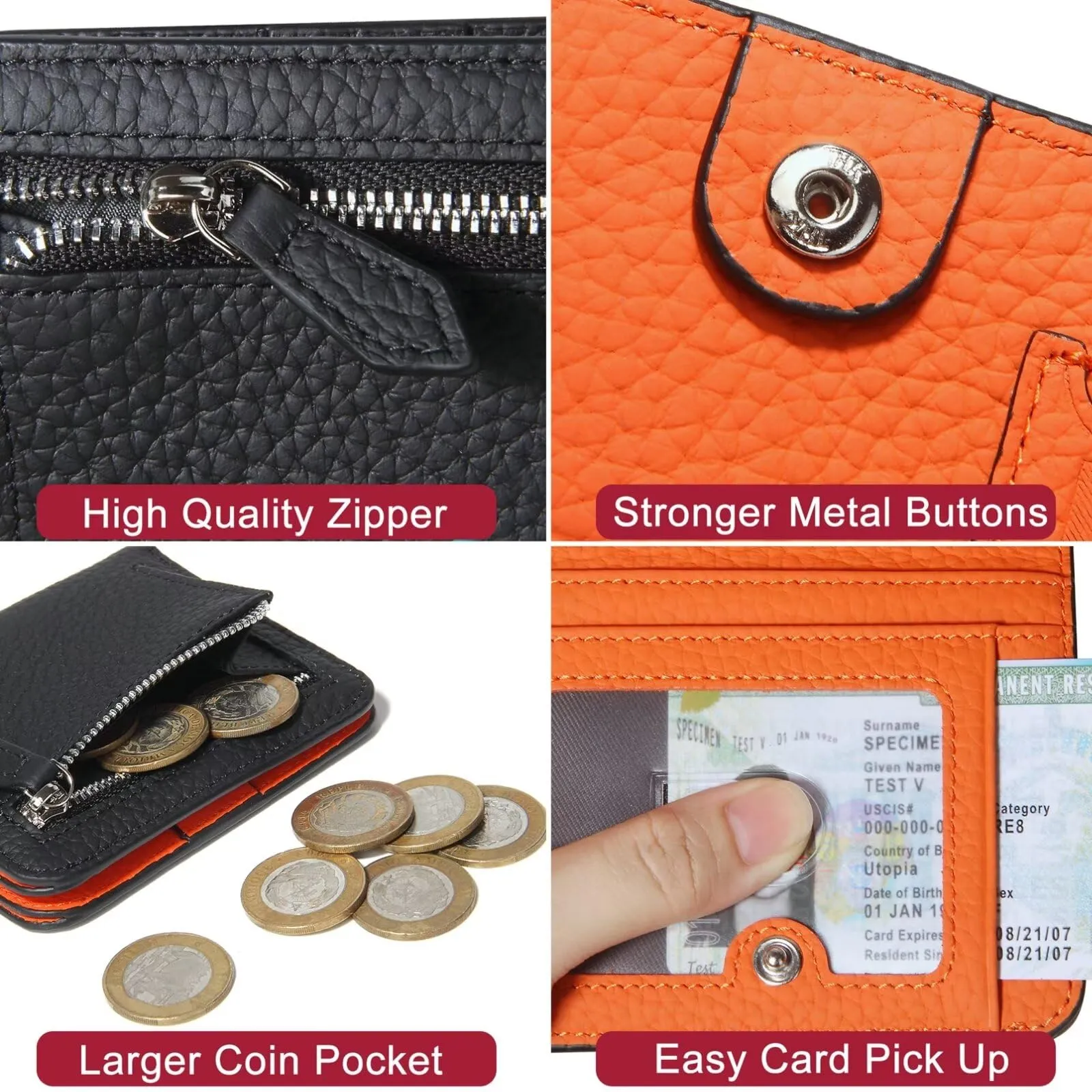 GADIEMKENSD Small Wallet Bifold Credit Card Holder Genuine Leather Coin Purse RFID Blocking Mini Compact Pocket Wallet with Zipper Ultra Slim Minimalist Black/Orange - immagine 6
