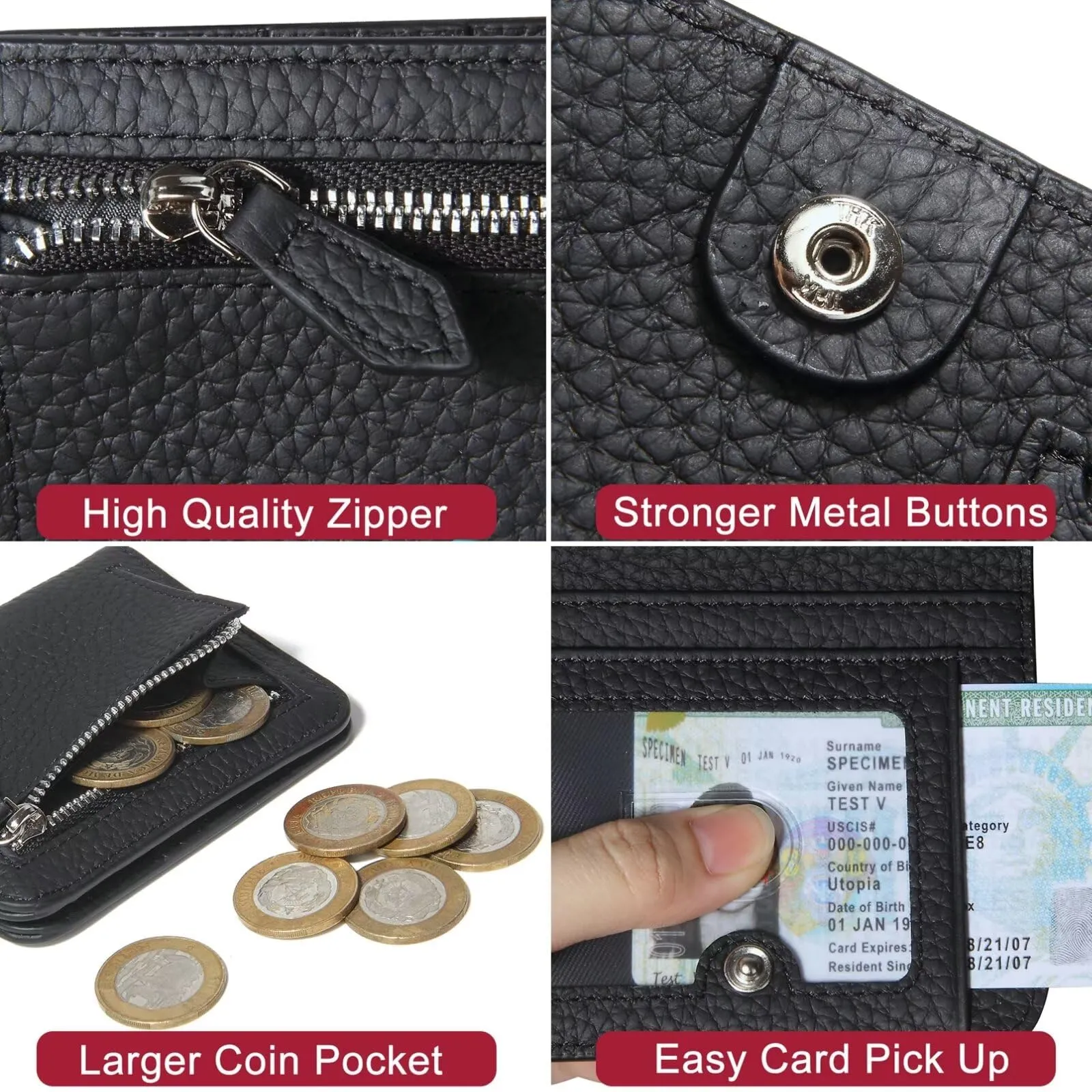 GADIEMKENSD Small Wallet Bifold Credit Card Holder Genuine Leather Coin Purse RFID Blocking Mini Compact Pocket Wallet with Zipper Ultra Slim Minimalist Black - immagine 6
