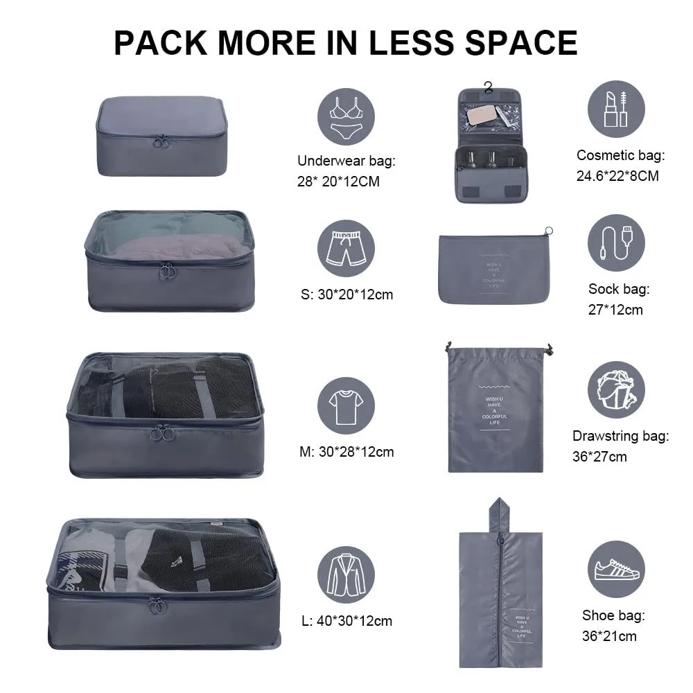 OSDUE Organizer Valigie, 8 Pezzi Waterproof Packing Cube Set, Separatori Buste Viaggio Travel Organizer, Abbigliamento Intimo Calzature Organizzatori Sacchi Valigia di Stoccaggio Set(Grigio) - immagine 2