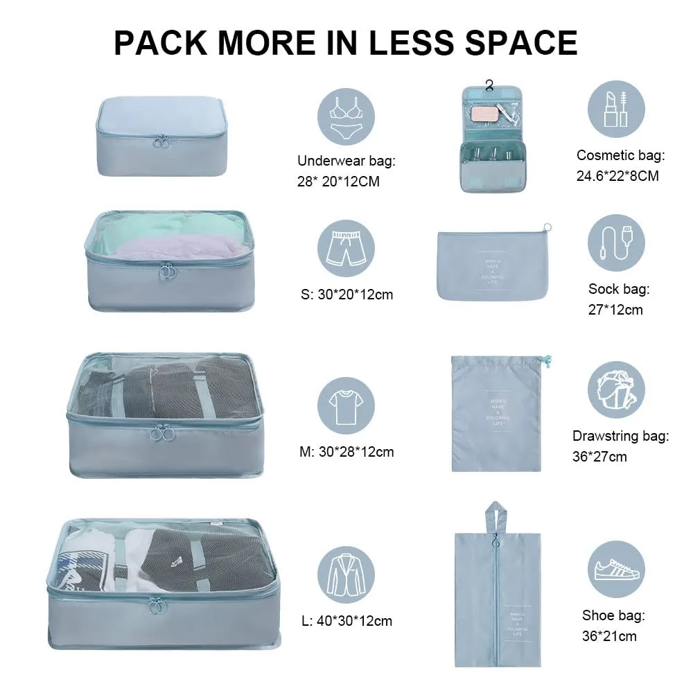 OSDUE Organizer Valigie, 8 Pezzi Waterproof Packing Cube Set, Separatori Buste Viaggio Travel Organizer, Abbigliamento Intimo Calzature Organizzatori Sacchi Valigia di Stoccaggio Set(Blu coreano) - immagine 2