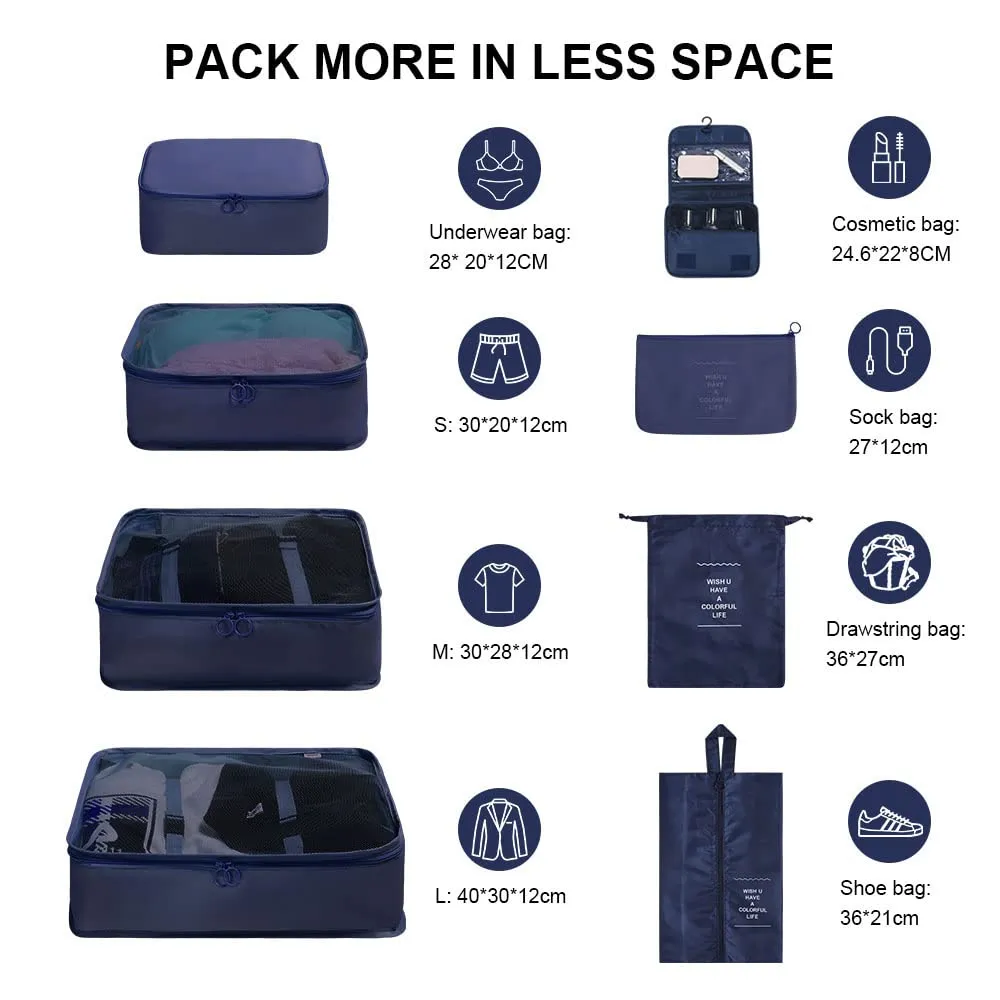 OSDUE Organizer Valigie, 8 Pezzi Waterproof Packing Cube Set, Separatori Buste Viaggio Travel Organizer, Abbigliamento Intimo Calzature Organizzatori Sacchi Valigia di Stoccaggio Set(Blu navy) - immagine 2