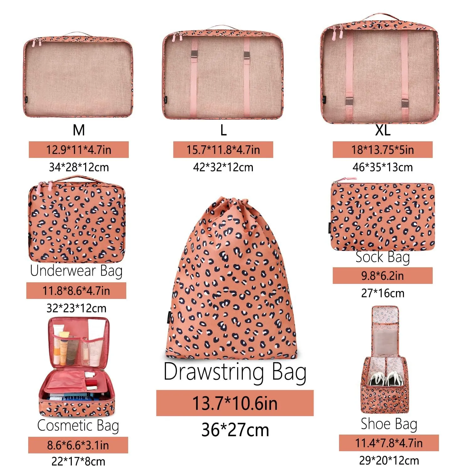 BAGAIL Cubi da Imballaggio per Valigia Set 8 Pezzi, Organizzatori Leggeri per Bagagli e Accessori da Viaggio, Stampa leopardo - immagine 2
