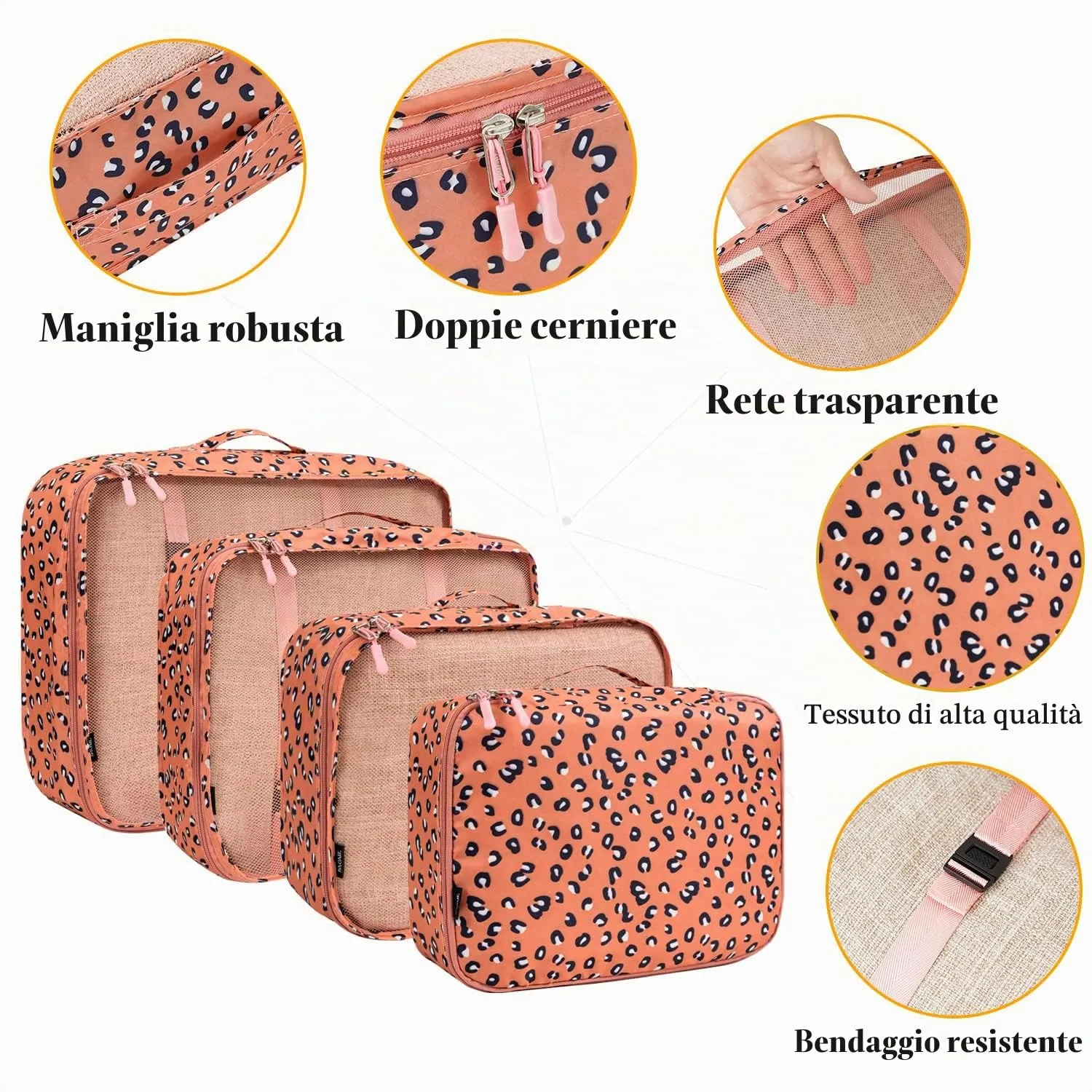 BAGAIL Cubi da Imballaggio per Valigia Set 8 Pezzi, Organizzatori Leggeri per Bagagli e Accessori da Viaggio, Stampa leopardo - immagine 3