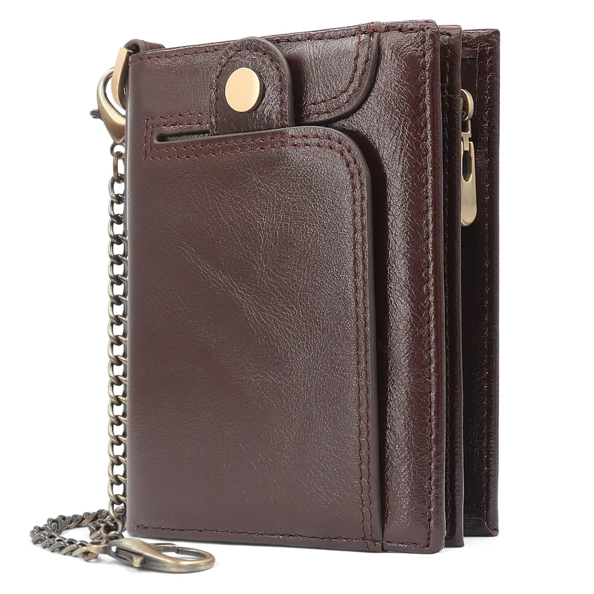 REETEE Portafoglio Uomo Blocco RFID Vera Pelle Piccolo Portafogli con Catena, portamonete uomo con cerniera, 14 Porta Carte di Credito, Portafoglio da Uomo Slim con Confezione Regalo (caffè) - immagine 1
