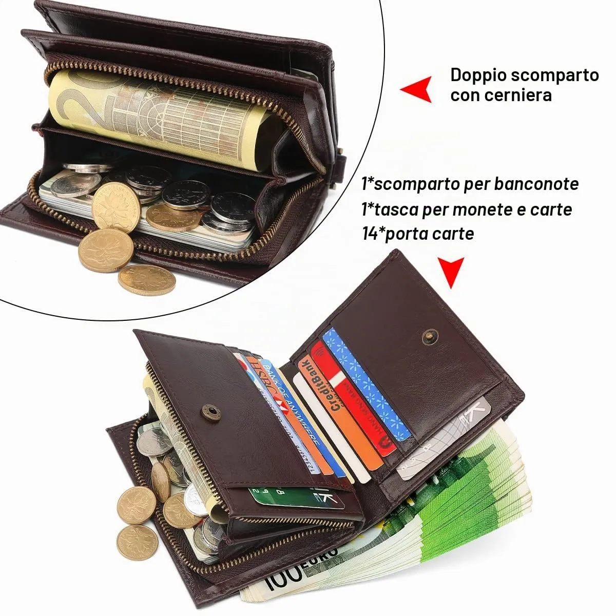 REETEE Portafoglio Uomo Blocco RFID Vera Pelle Piccolo Portafogli con Catena, portamonete uomo con cerniera, 14 Porta Carte di Credito, Portafoglio da Uomo Slim con Confezione Regalo (caffè) - immagine 2