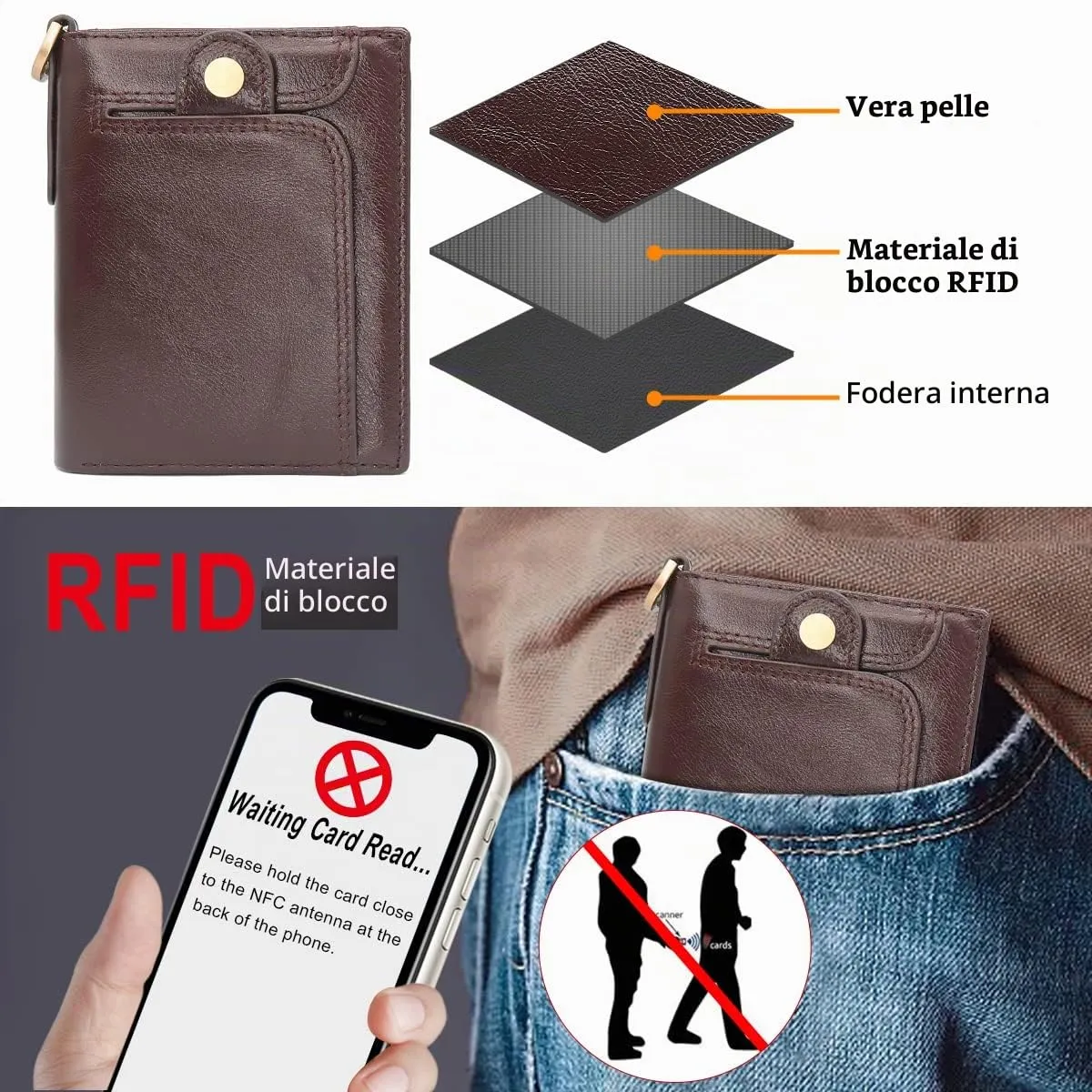 REETEE Portafoglio Uomo Blocco RFID Vera Pelle Piccolo Portafogli con Catena, portamonete uomo con cerniera, 14 Porta Carte di Credito, Portafoglio da Uomo Slim con Confezione Regalo (caffè) - immagine 4
