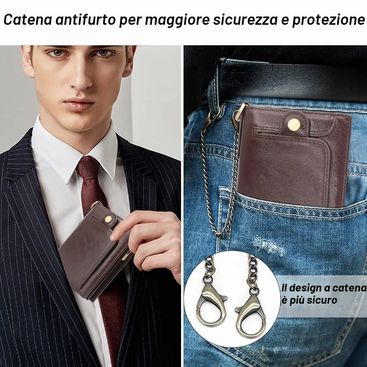 REETEE Portafoglio Uomo Blocco RFID Vera Pelle Piccolo Portafogli con Catena, portamonete uomo con cerniera, 14 Porta Carte di Credito, Portafoglio da Uomo Slim con Confezione Regalo (caffè) - immagine 5