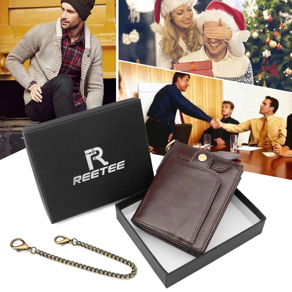 REETEE Portafoglio Uomo Blocco RFID Vera Pelle Piccolo Portafogli con Catena, portamonete uomo con cerniera, 14 Porta Carte di Credito, Portafoglio da Uomo Slim con Confezione Regalo (caffè) - immagine 7