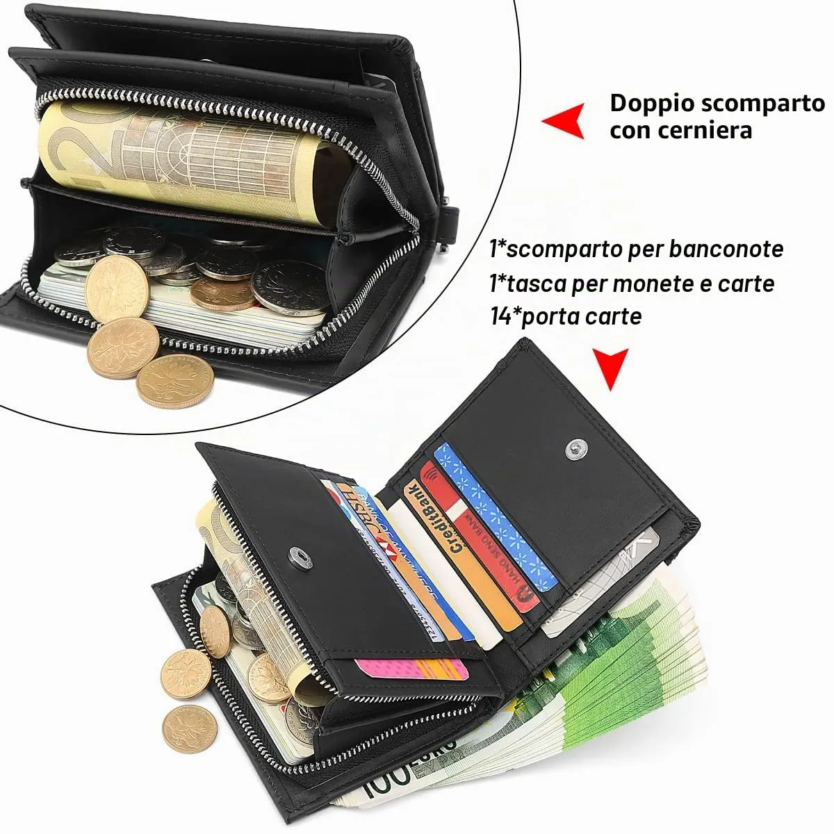 REETEE Portafoglio Uomo Blocco RFID Vera Pelle Piccolo Portafogli con Catena, portamonete uomo con cerniera, 14 Porta Carte di Credito, Portafoglio da Uomo Slim con Confezione Regalo (Nero) - immagine 2