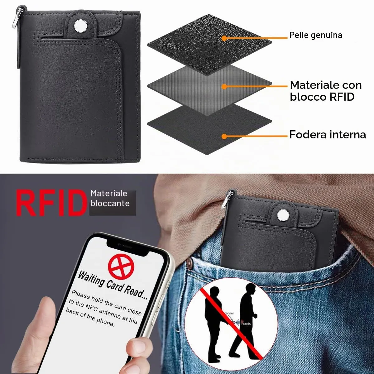 REETEE Portafoglio Uomo Blocco RFID Vera Pelle Piccolo Portafogli con Catena, portamonete uomo con cerniera, 14 Porta Carte di Credito, Portafoglio da Uomo Slim con Confezione Regalo (Nero) - immagine 4