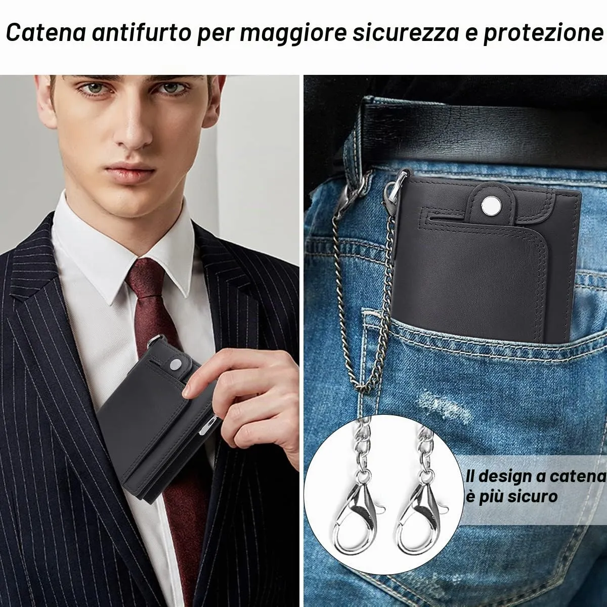REETEE Portafoglio Uomo Blocco RFID Vera Pelle Piccolo Portafogli con Catena, portamonete uomo con cerniera, 14 Porta Carte di Credito, Portafoglio da Uomo Slim con Confezione Regalo (Nero) - immagine 5