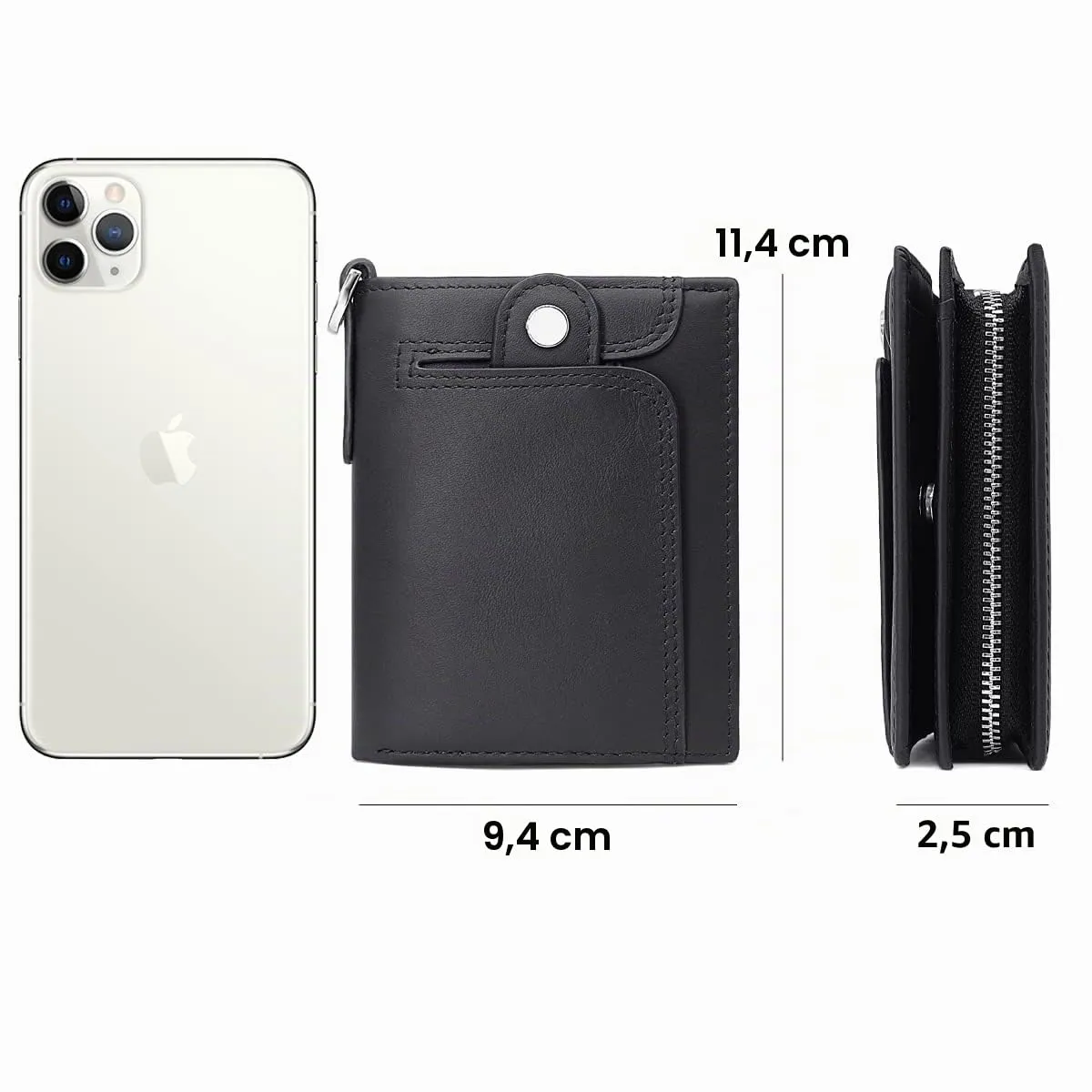 REETEE Portafoglio Uomo Blocco RFID Vera Pelle Piccolo Portafogli con Catena, portamonete uomo con cerniera, 14 Porta Carte di Credito, Portafoglio da Uomo Slim con Confezione Regalo (Nero) - immagine 6