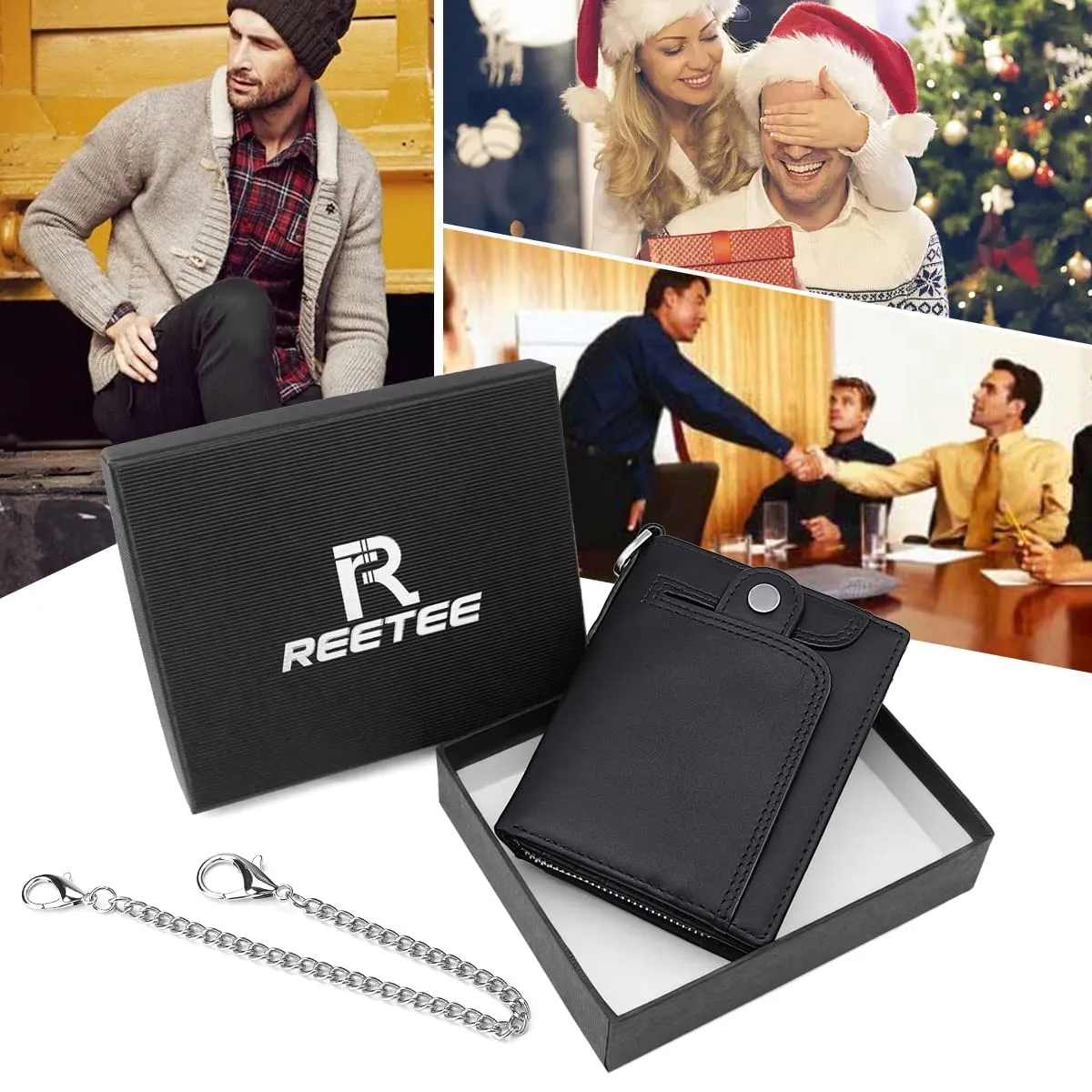 REETEE Portafoglio Uomo Blocco RFID Vera Pelle Piccolo Portafogli con Catena, portamonete uomo con cerniera, 14 Porta Carte di Credito, Portafoglio da Uomo Slim con Confezione Regalo (Nero) - immagine 7