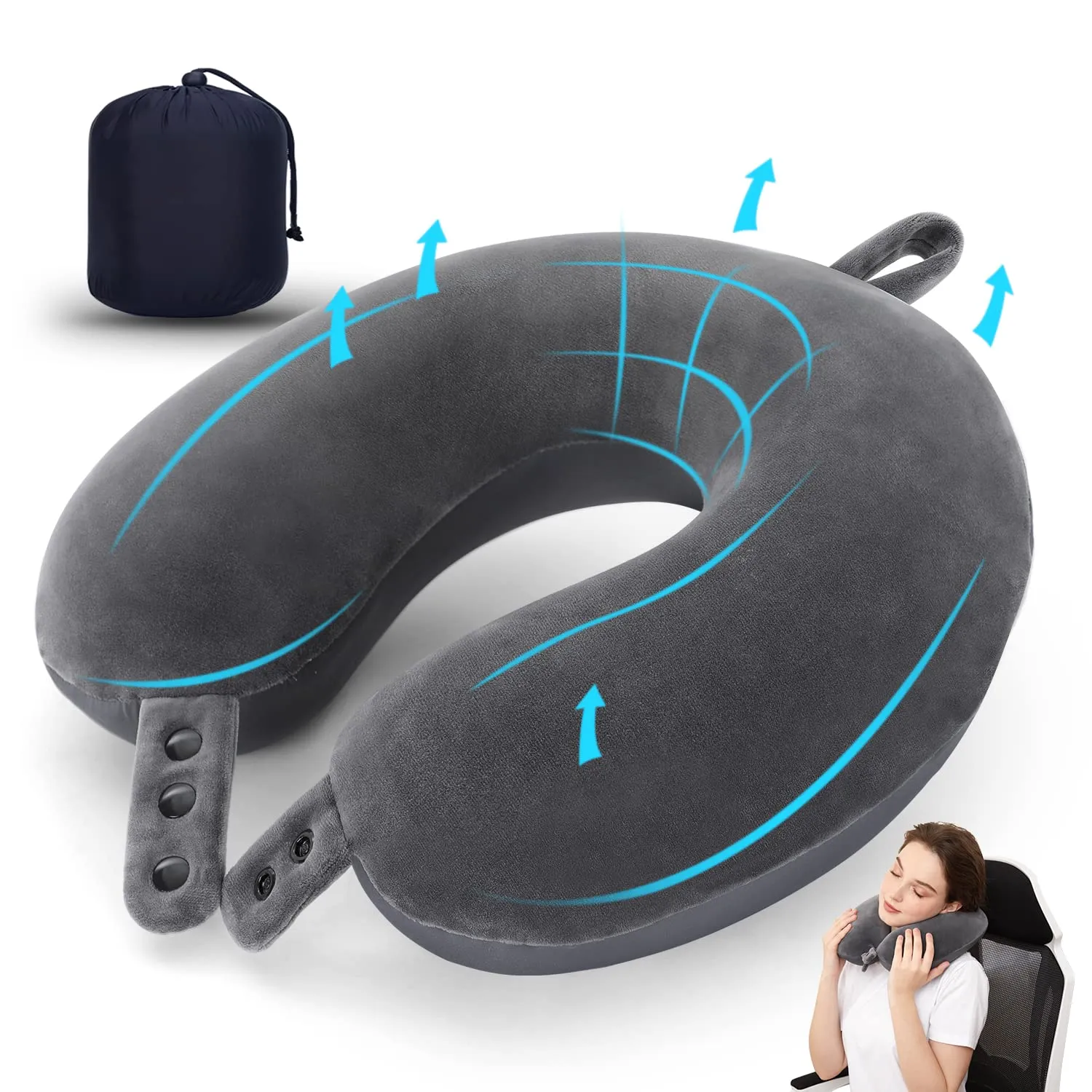 TALLGO Cuscino cervicale da viaggio, cuscino in memory foam per aeroplano, supporto per la testa, morbido cuscino regolabile per aereo, auto e casa reclinabile (grigio) - immagine 1