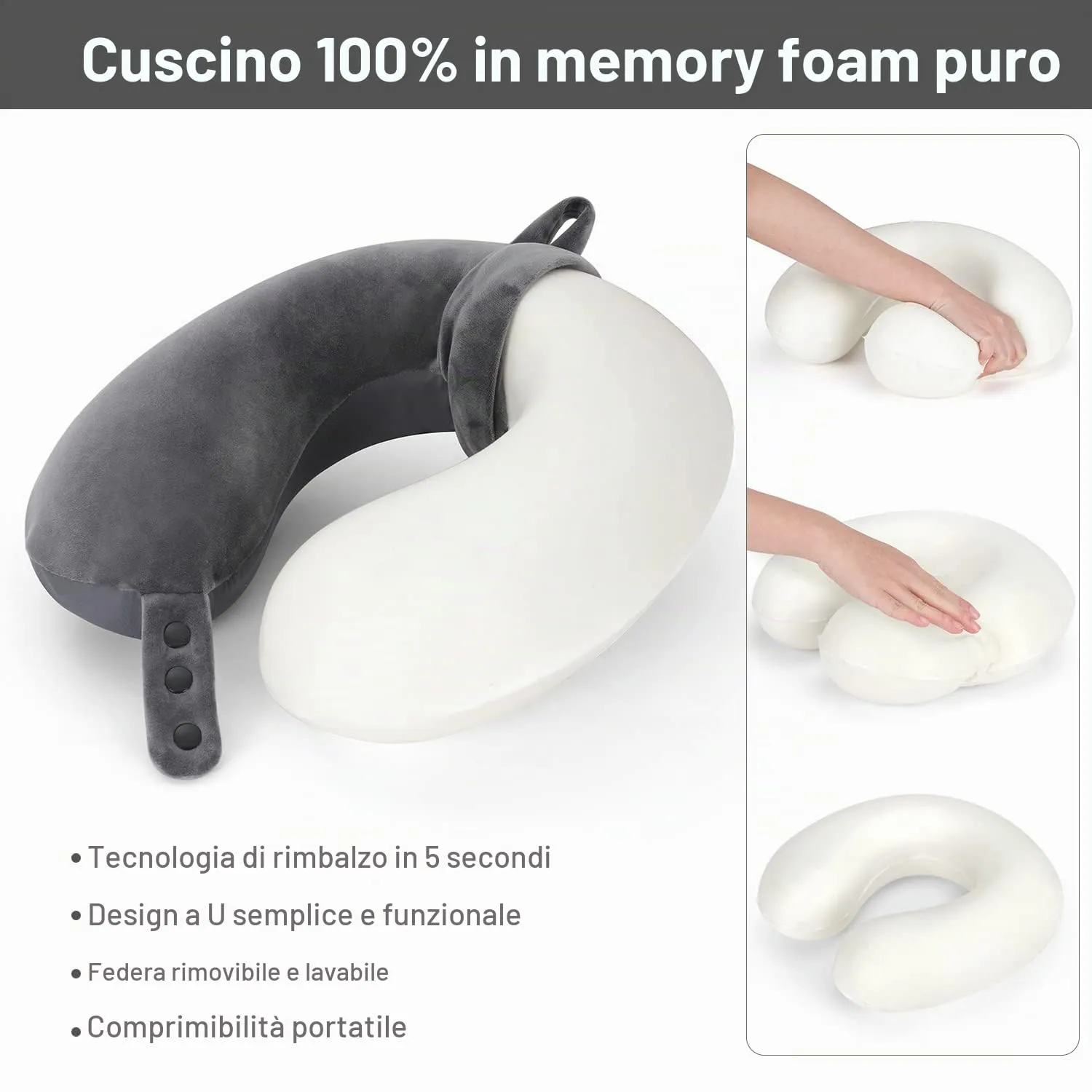TALLGO Cuscino cervicale da viaggio, cuscino in memory foam per aeroplano, supporto per la testa, morbido cuscino regolabile per aereo, auto e casa reclinabile (grigio) - immagine 5