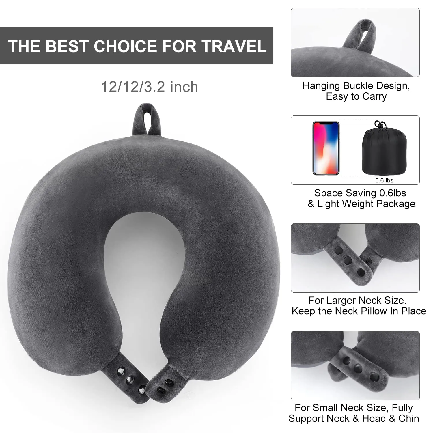 TALLGO Cuscino cervicale da viaggio, cuscino in memory foam per aeroplano, supporto per la testa, morbido cuscino regolabile per aereo, auto e casa reclinabile (grigio) - immagine 6