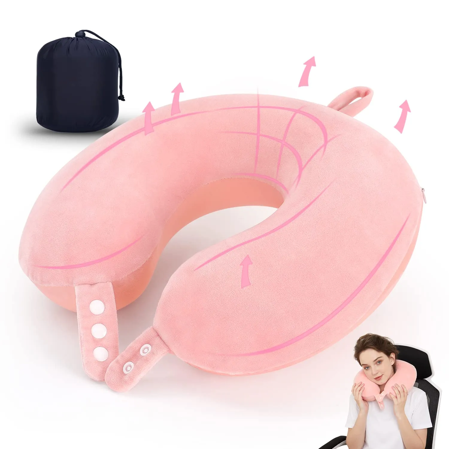 Cuscino cervicale da viaggio, cuscino in memory foam per aereo, supporto per la testa, morbido cuscino regolabile per aereo, auto e casa reclinabile (rosa) - immagine 1
