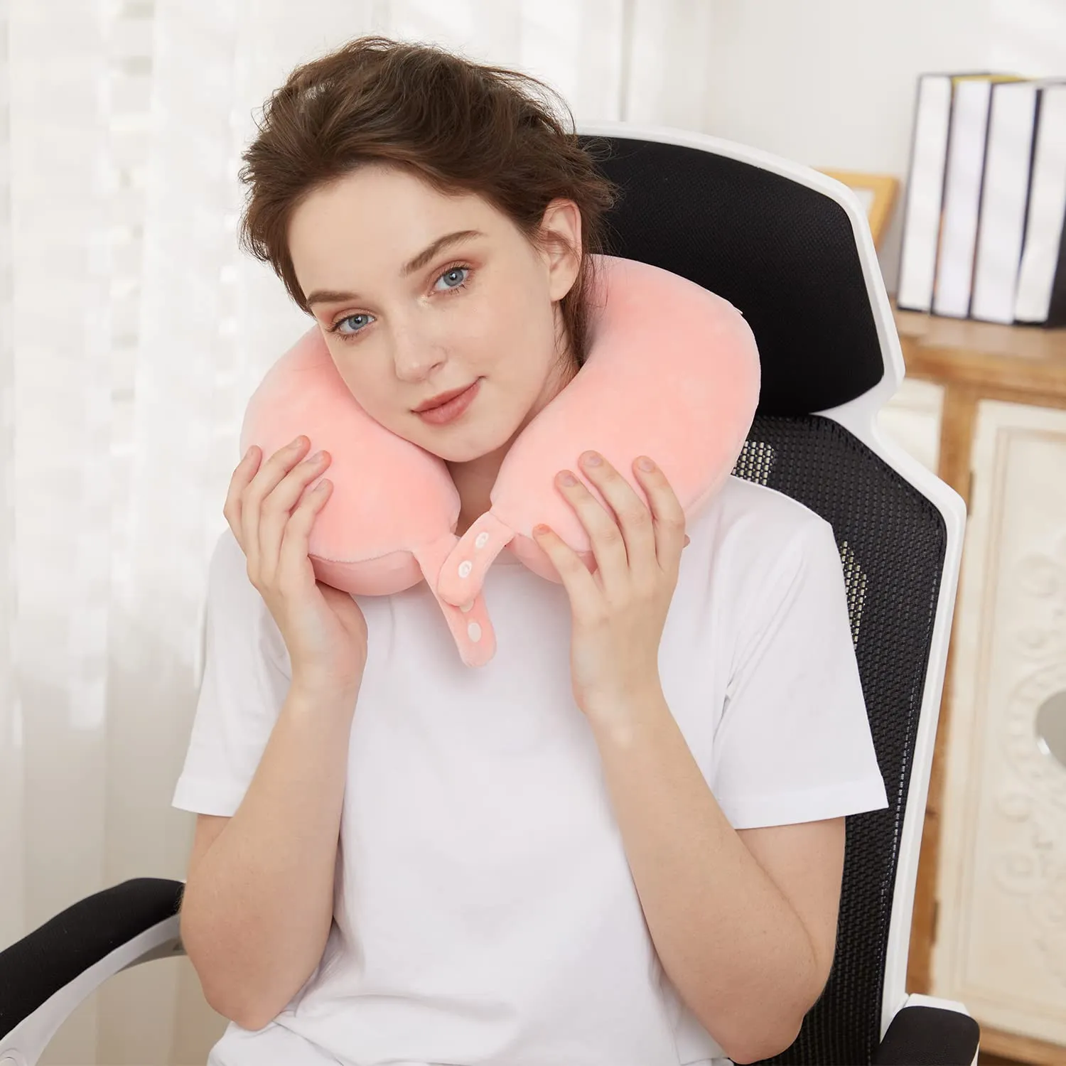 Cuscino cervicale da viaggio, cuscino in memory foam per aereo, supporto per la testa, morbido cuscino regolabile per aereo, auto e casa reclinabile (rosa) - immagine 3