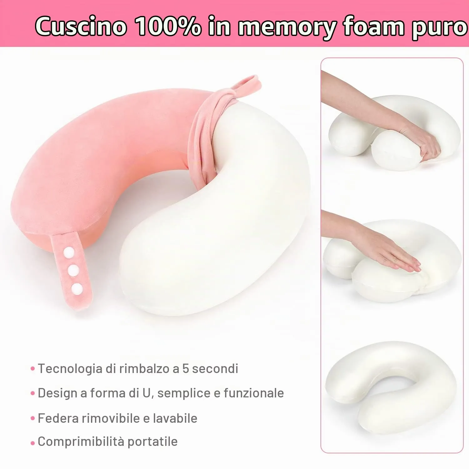 Cuscino cervicale da viaggio, cuscino in memory foam per aereo, supporto per la testa, morbido cuscino regolabile per aereo, auto e casa reclinabile (rosa) - immagine 5