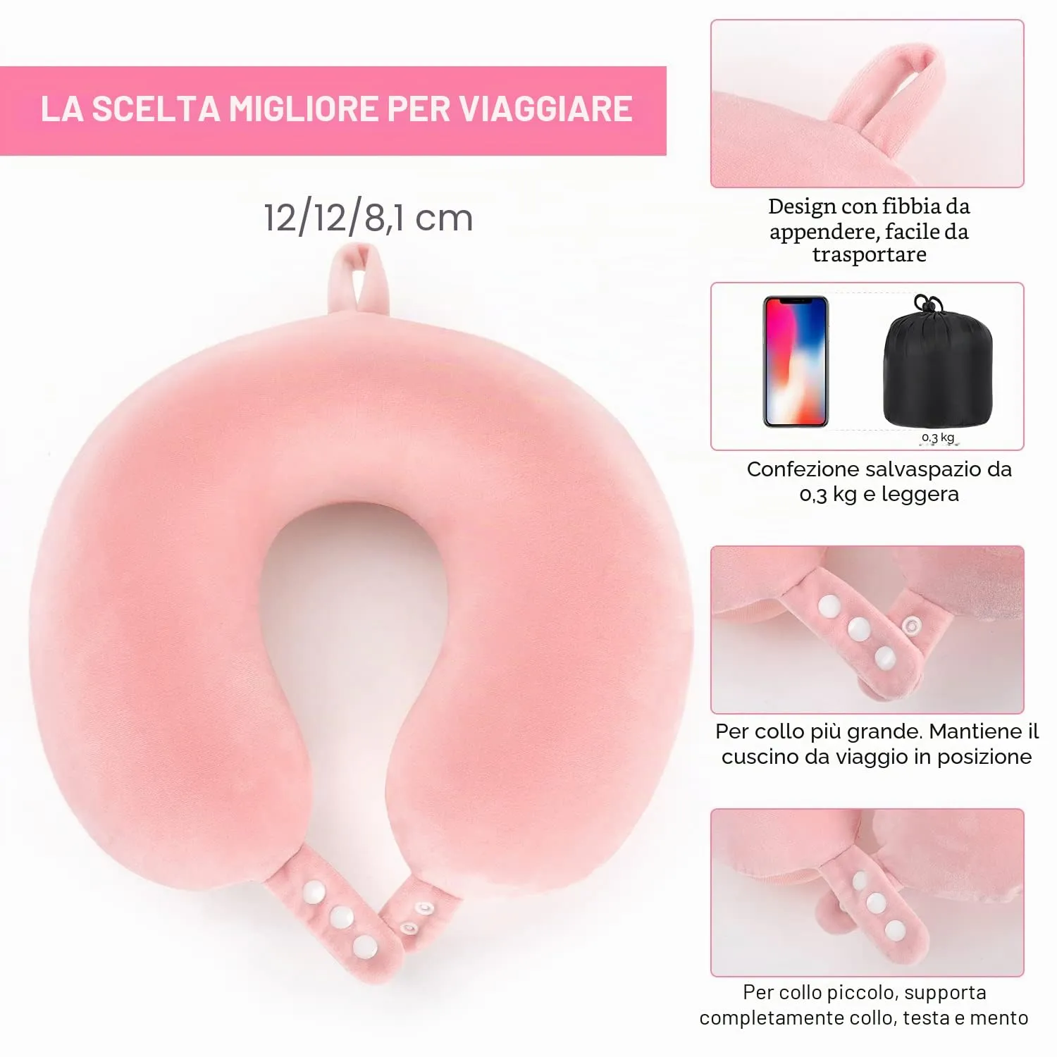 Cuscino cervicale da viaggio, cuscino in memory foam per aereo, supporto per la testa, morbido cuscino regolabile per aereo, auto e casa reclinabile (rosa) - immagine 6