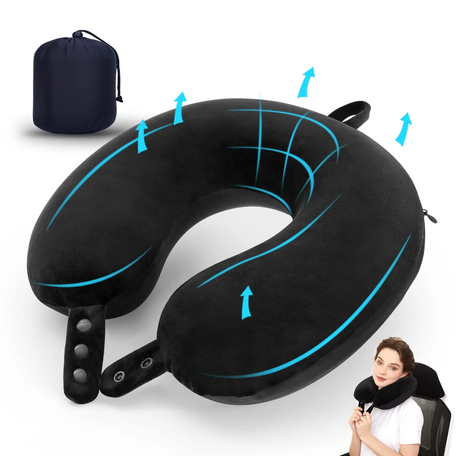 Cuscino cervicale da viaggio, cuscino in memory foam per aereo, supporto per la testa, morbido cuscino regolabile per aereo, auto e reclinabile a casa (nero) - immagine 1