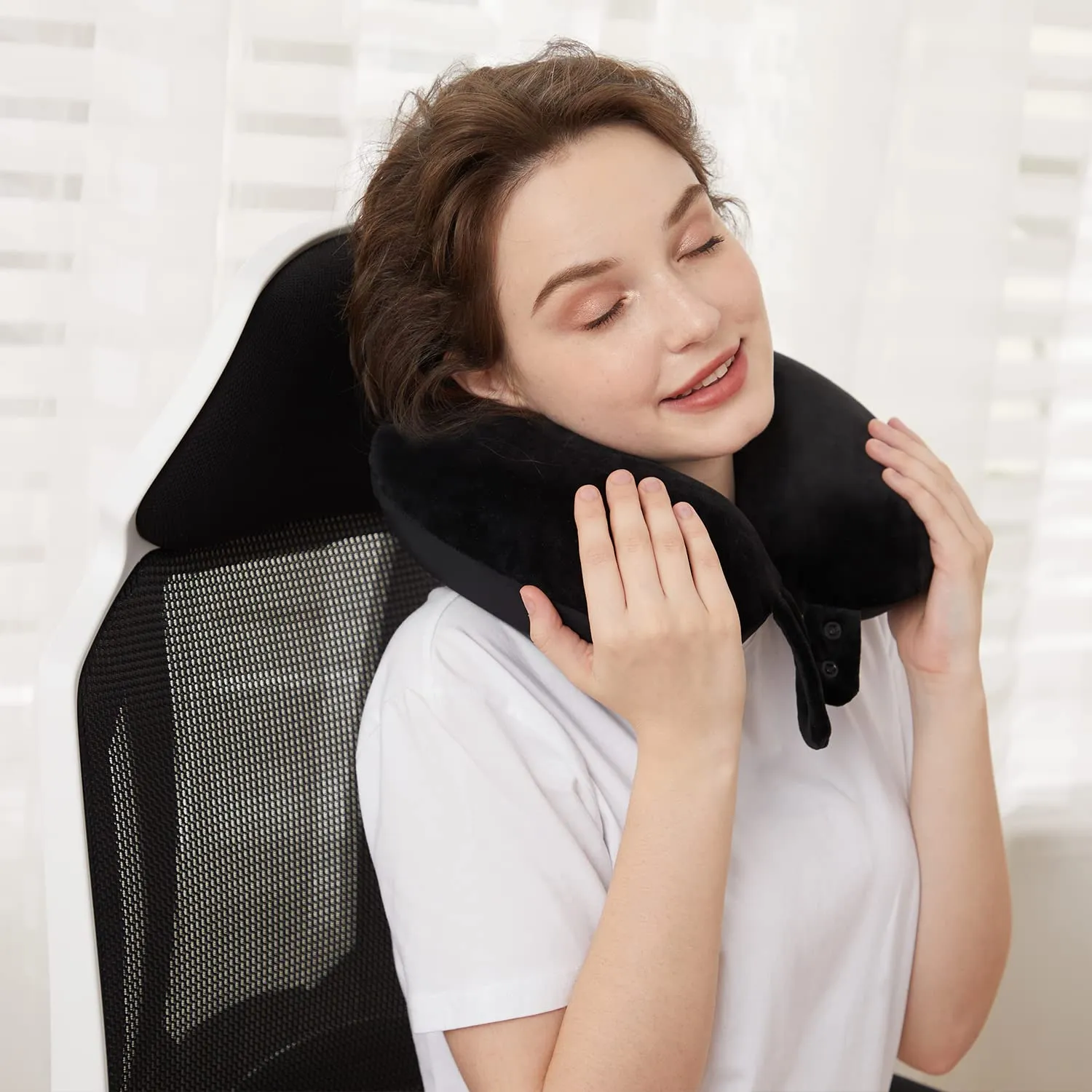 Cuscino cervicale da viaggio, cuscino in memory foam per aereo, supporto per la testa, morbido cuscino regolabile per aereo, auto e reclinabile a casa (nero) - immagine 3