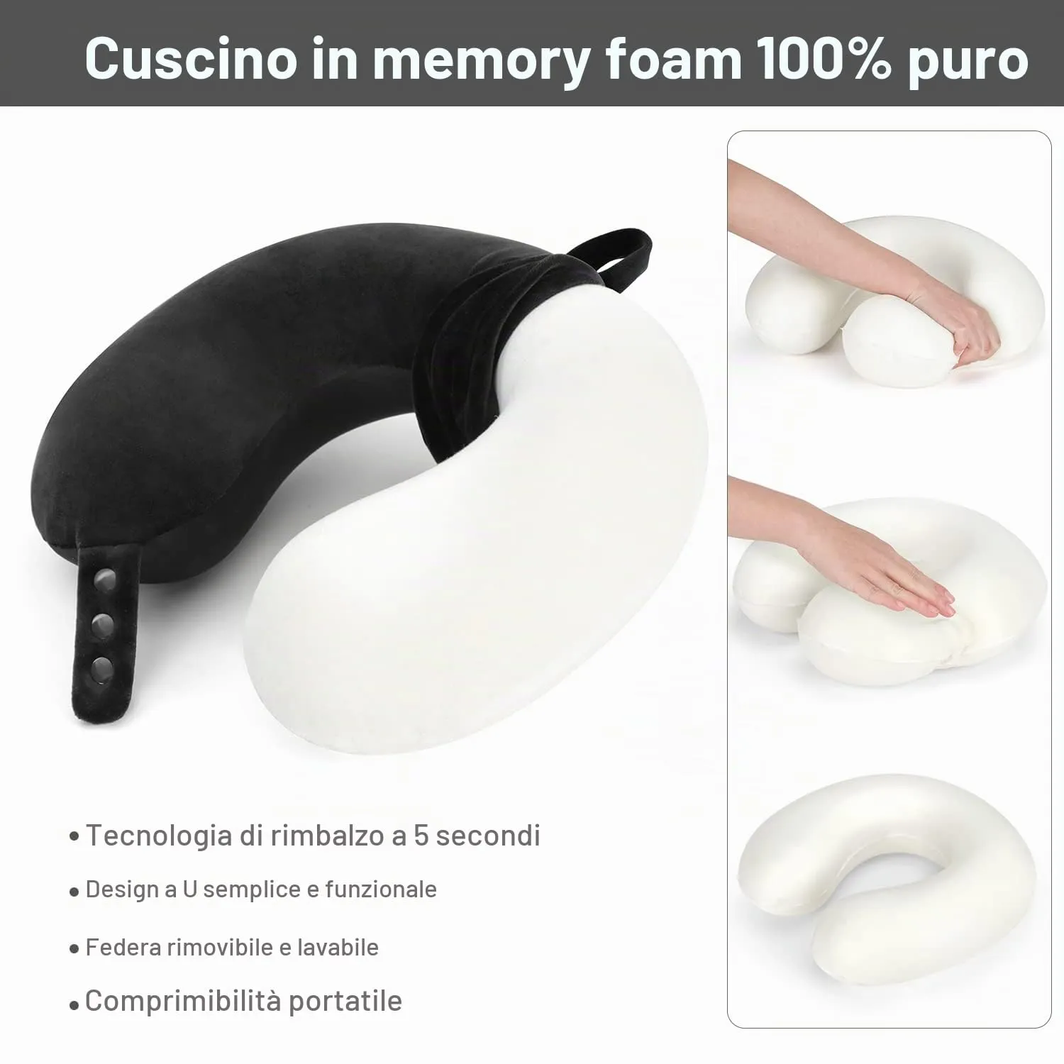 Cuscino cervicale da viaggio, cuscino in memory foam per aereo, supporto per la testa, morbido cuscino regolabile per aereo, auto e reclinabile a casa (nero) - immagine 5