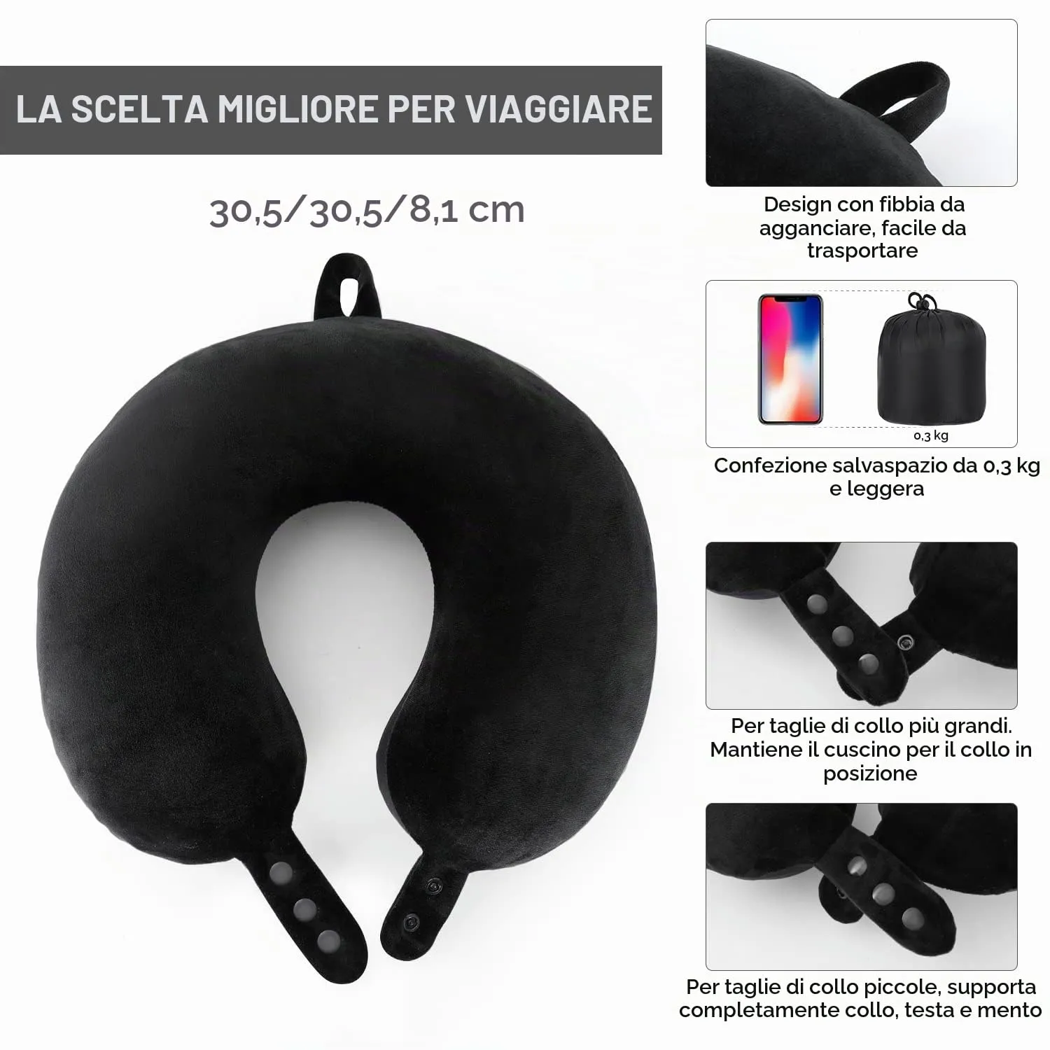 Cuscino cervicale da viaggio, cuscino in memory foam per aereo, supporto per la testa, morbido cuscino regolabile per aereo, auto e reclinabile a casa (nero) - immagine 6