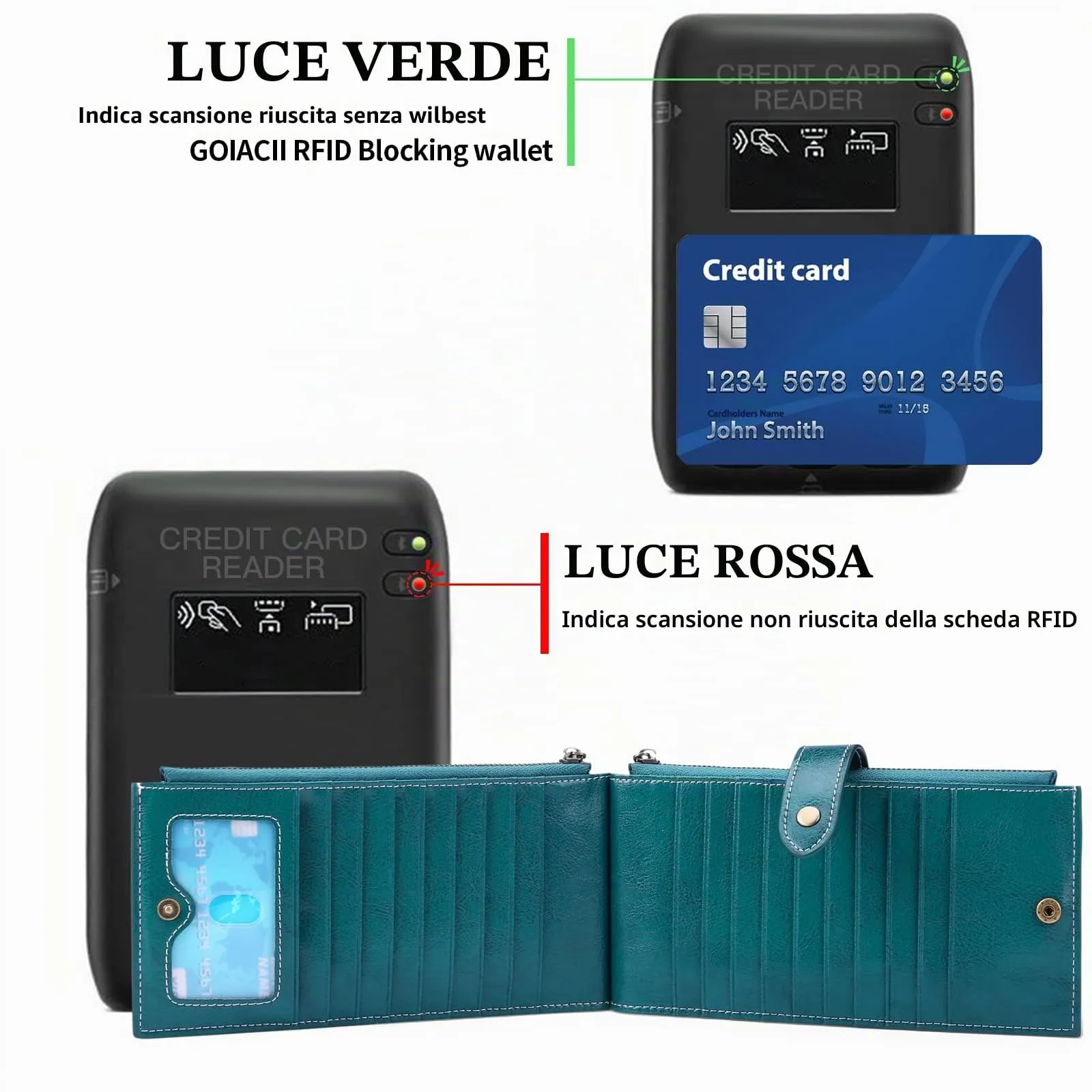 GOIACII Portafoglio da donna in pelle di grande capacità, portamonete da donna RFID blocco con 19 slot carte, chiusura lampo e portaassegni, Cc-verde scuro-vera pelle, RFID - immagine 2