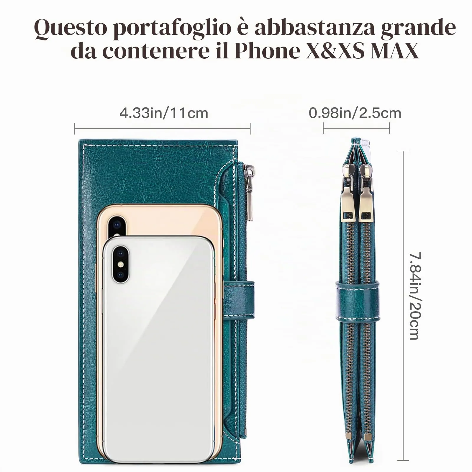 GOIACII Portafoglio da donna in pelle di grande capacità, portamonete da donna RFID blocco con 19 slot carte, chiusura lampo e portaassegni, Cc-verde scuro-vera pelle, RFID - immagine 3