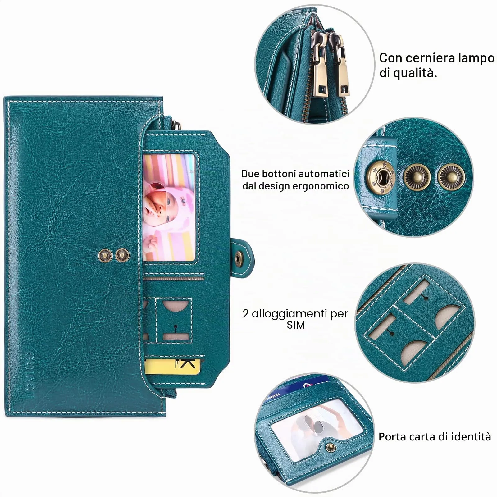 GOIACII Portafoglio da donna in pelle di grande capacità, portamonete da donna RFID blocco con 19 slot carte, chiusura lampo e portaassegni, Cc-verde scuro-vera pelle, RFID - immagine 4